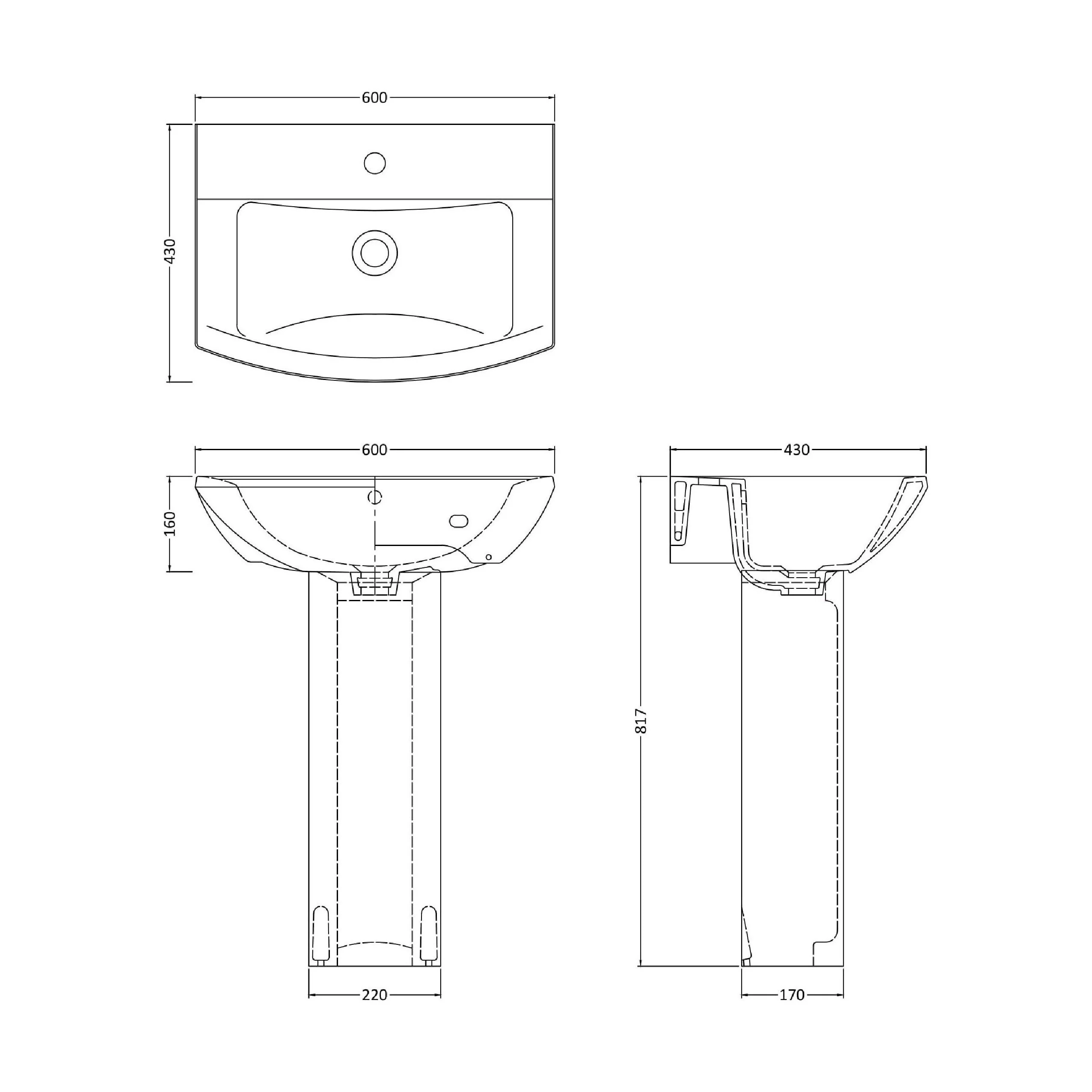 Stramshall Modern White Square 1 Tap Hole Bathroom Basin & Full Pedestal - 600mm - Image 3