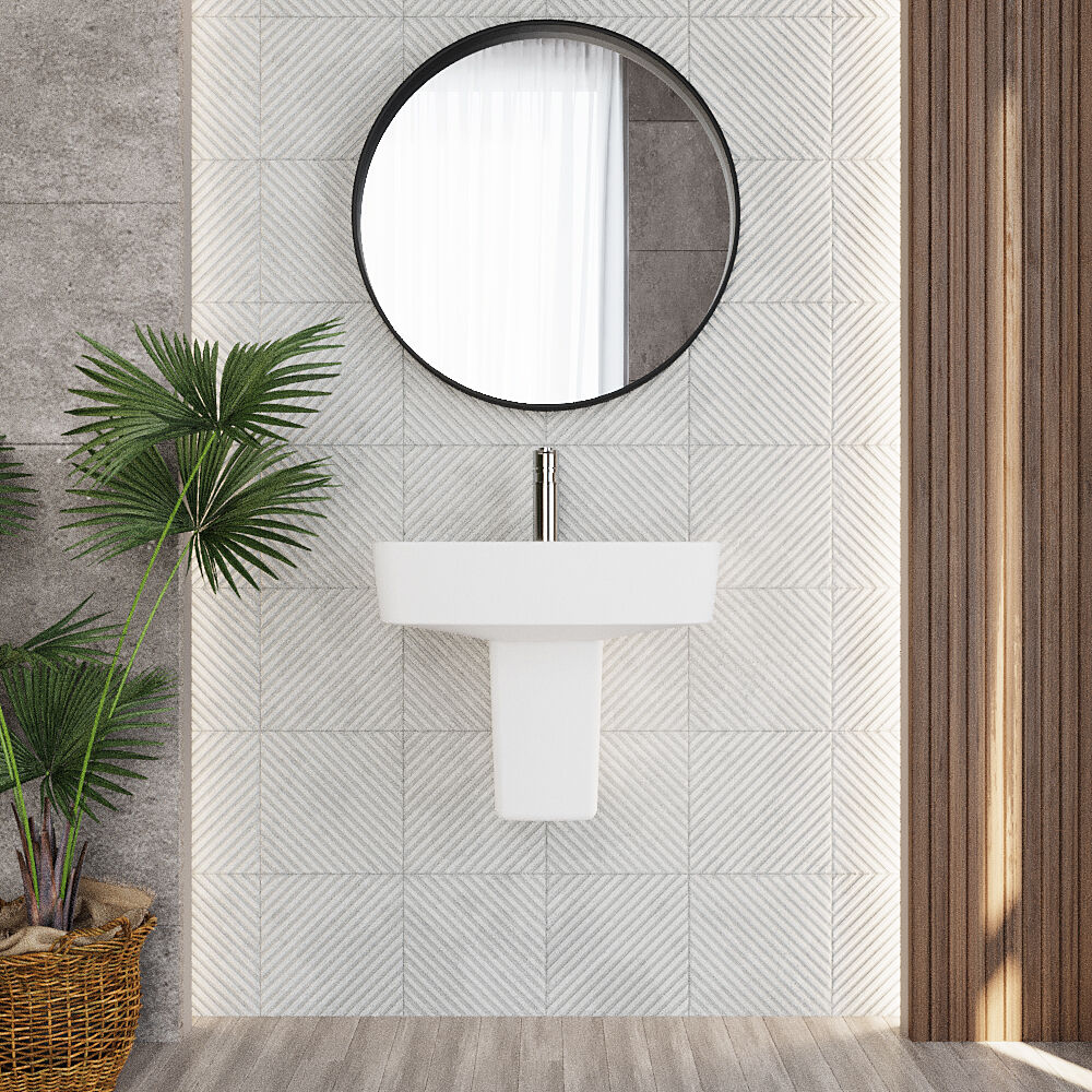 Forsbrook Modern White Square 1 Tap Hole Bathroom Basin & Semi Pedestal - 520mm - Image 2