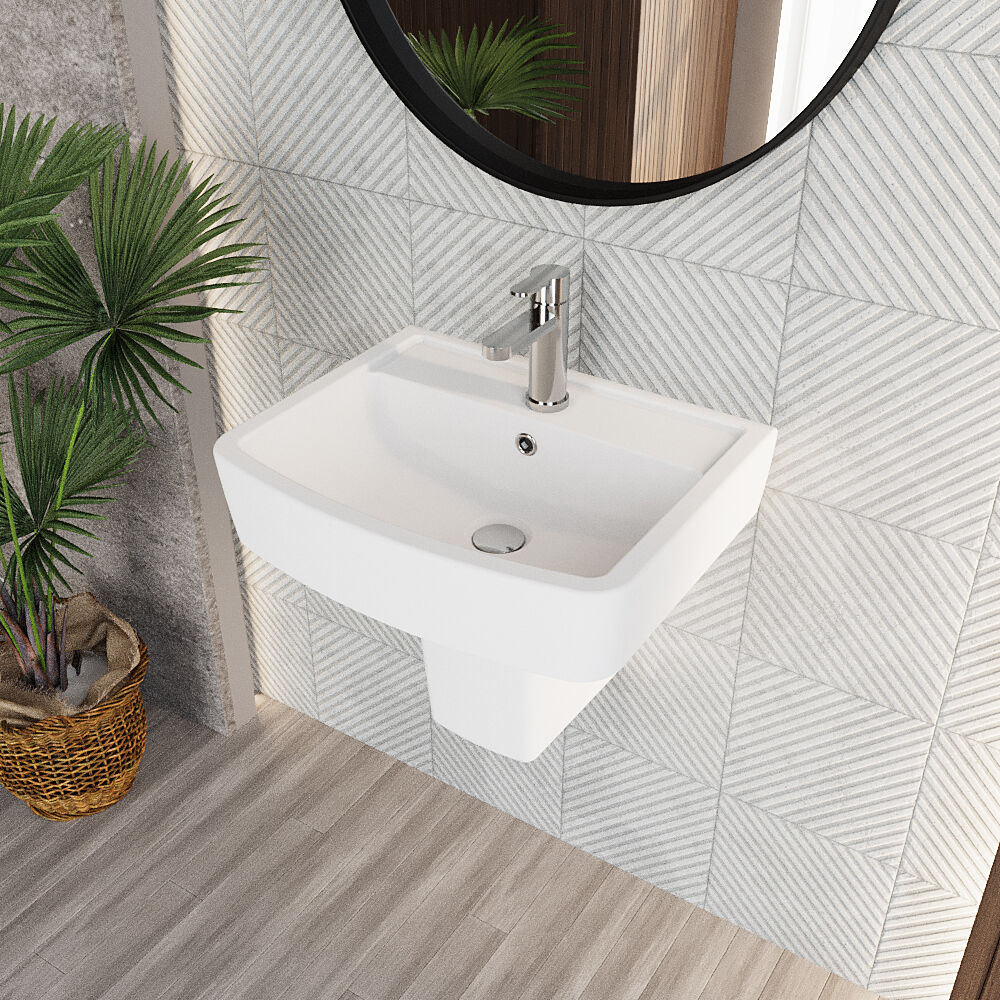 Forsbrook Modern White Square 1 Tap Hole Bathroom Basin & Semi Pedestal - 520mm - Image 3