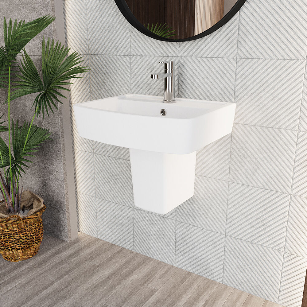 Forsbrook Modern White Square 1 Tap Hole Bathroom Basin & Semi Pedestal - 520mm - Image 4