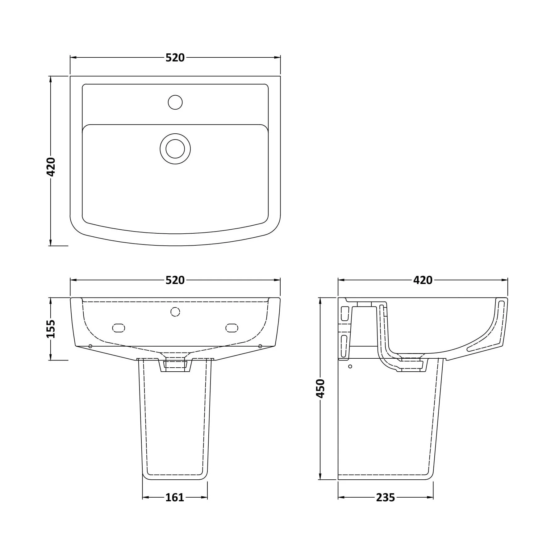 Forsbrook Modern White Square 1 Tap Hole Bathroom Basin & Semi Pedestal - 520mm - Image 6