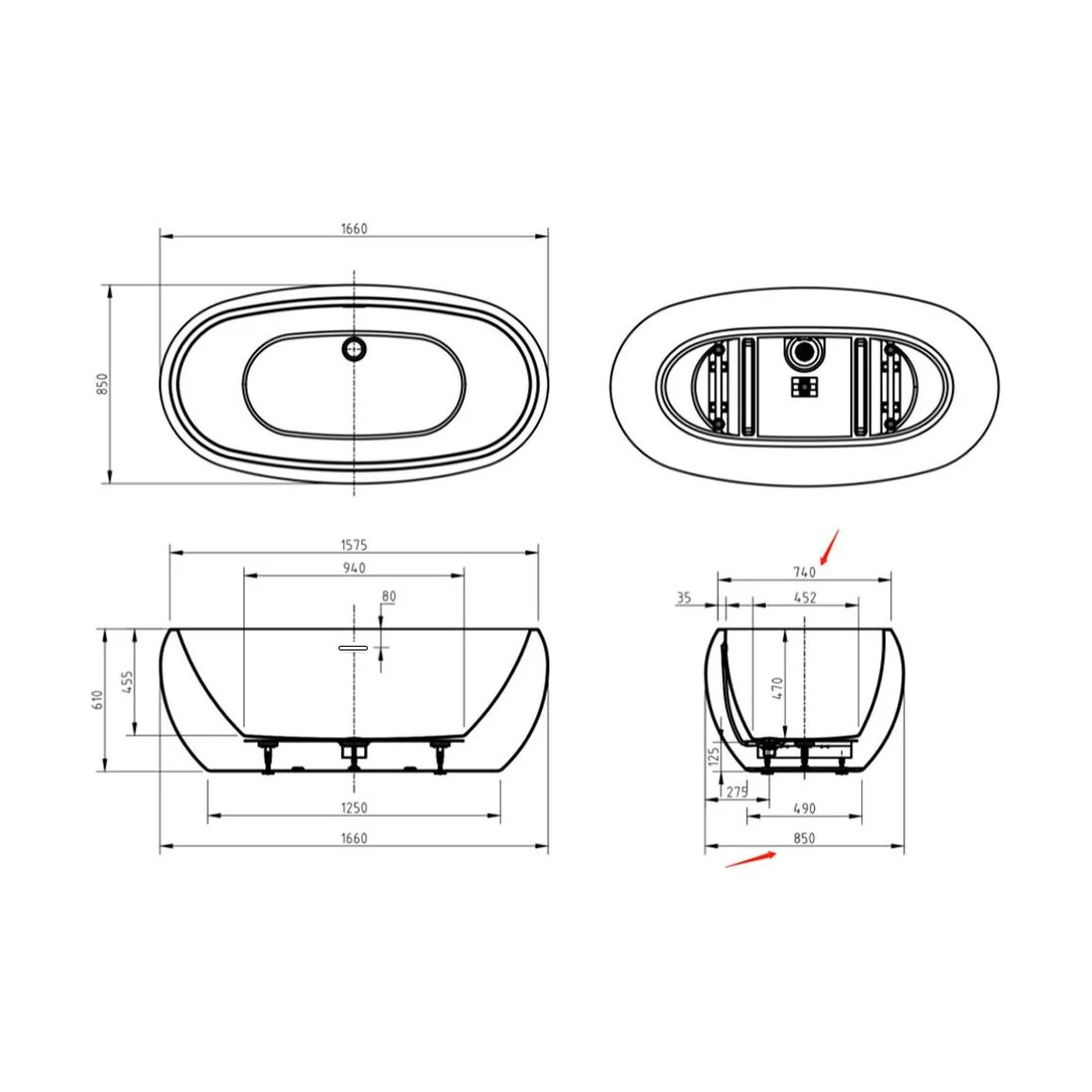 Oval Freestanding Bath, Double Ended, 1600 x 850mm - Gloss White Finish - Image 3