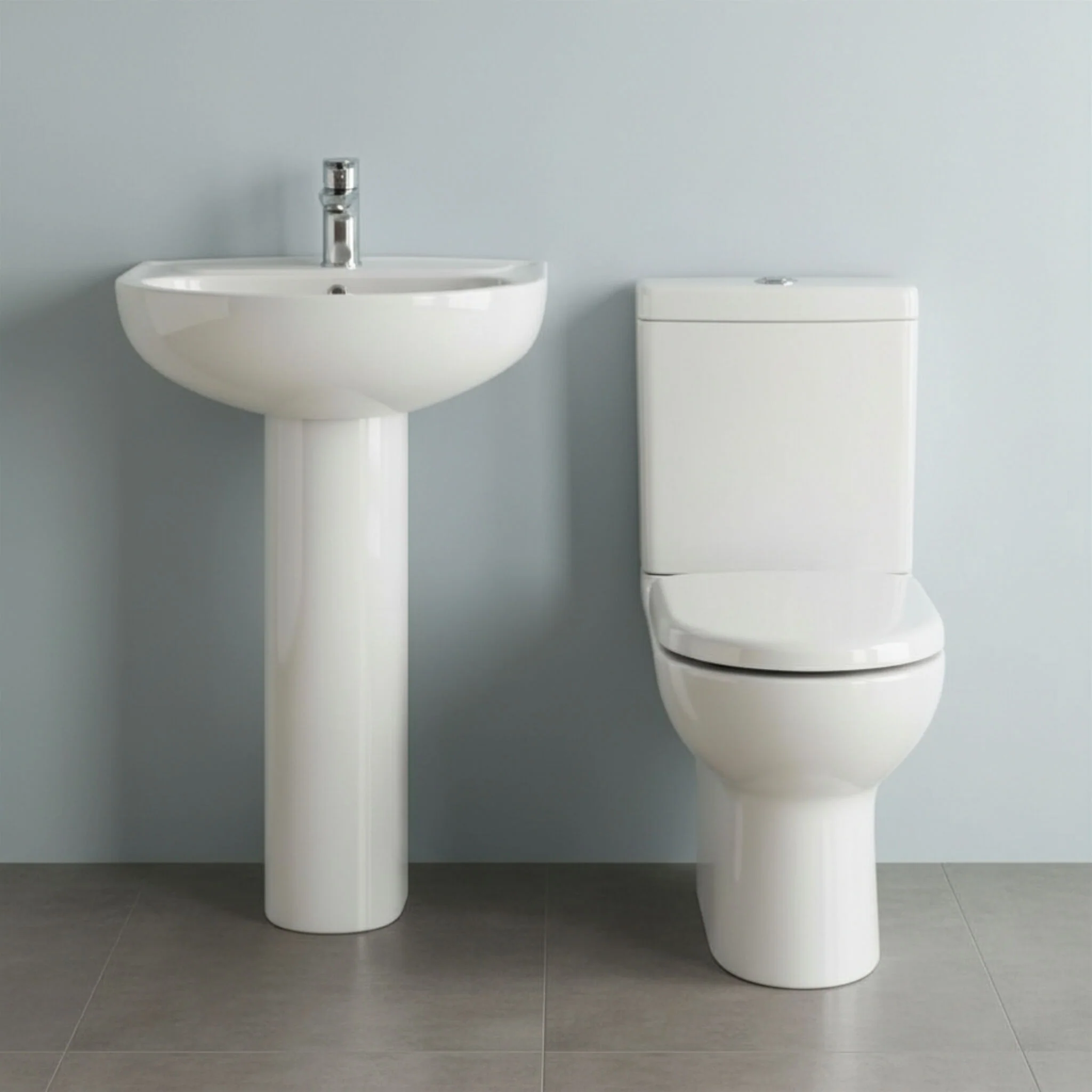 Newborough Ceramic Bathroom Bundle: Compact or Close-Coupled Toilet Pan, Cistern & Soft-Close Seat and 560mm 1-Tap-Hole Basin with Full Pedestal - Image 3