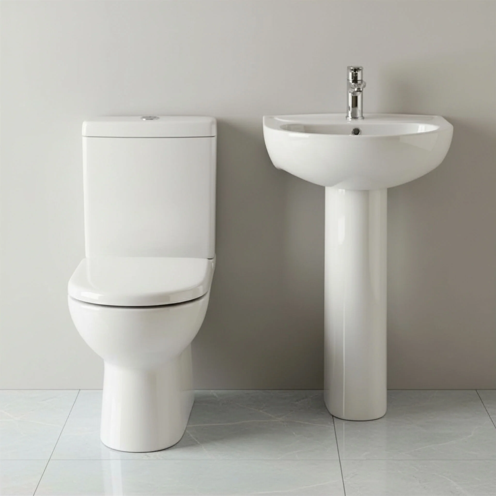 Newborough Ceramic Bathroom Bundle: Compact or Close-Coupled Toilet Pan, Cistern & Soft-Close Seat and 560mm 1-Tap-Hole Basin with Full Pedestal - Image 4