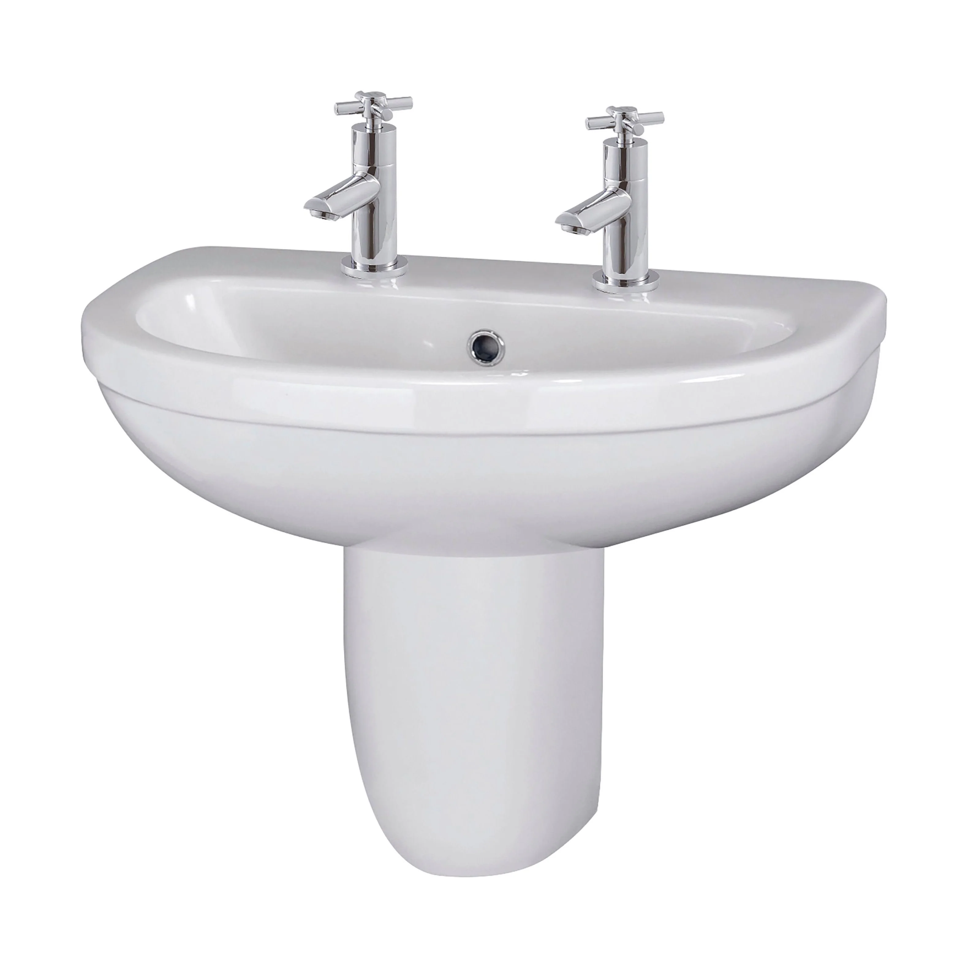 Churnet Modern White Soft Round Semi Pedestal Bathroom Basin - 1 or 2 Tap Hole (555mm) - Image 10