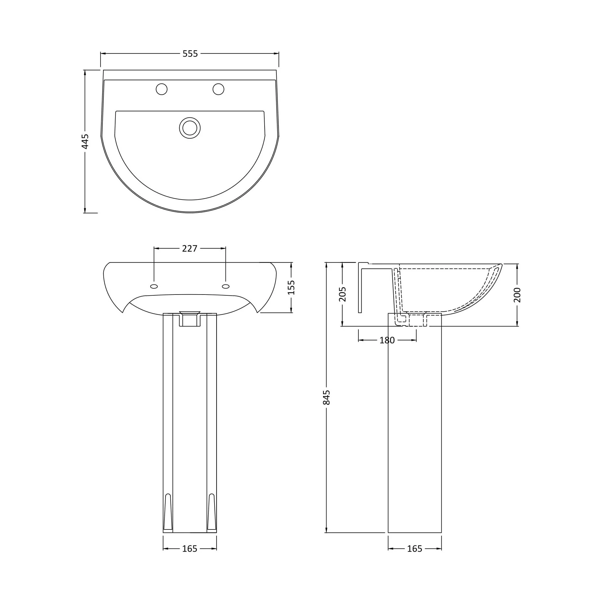 Churnet Round Ceramic Basin and Pedestal - 1 or 2 Tap Hole - 845 x 555 x 445mm - Image 12