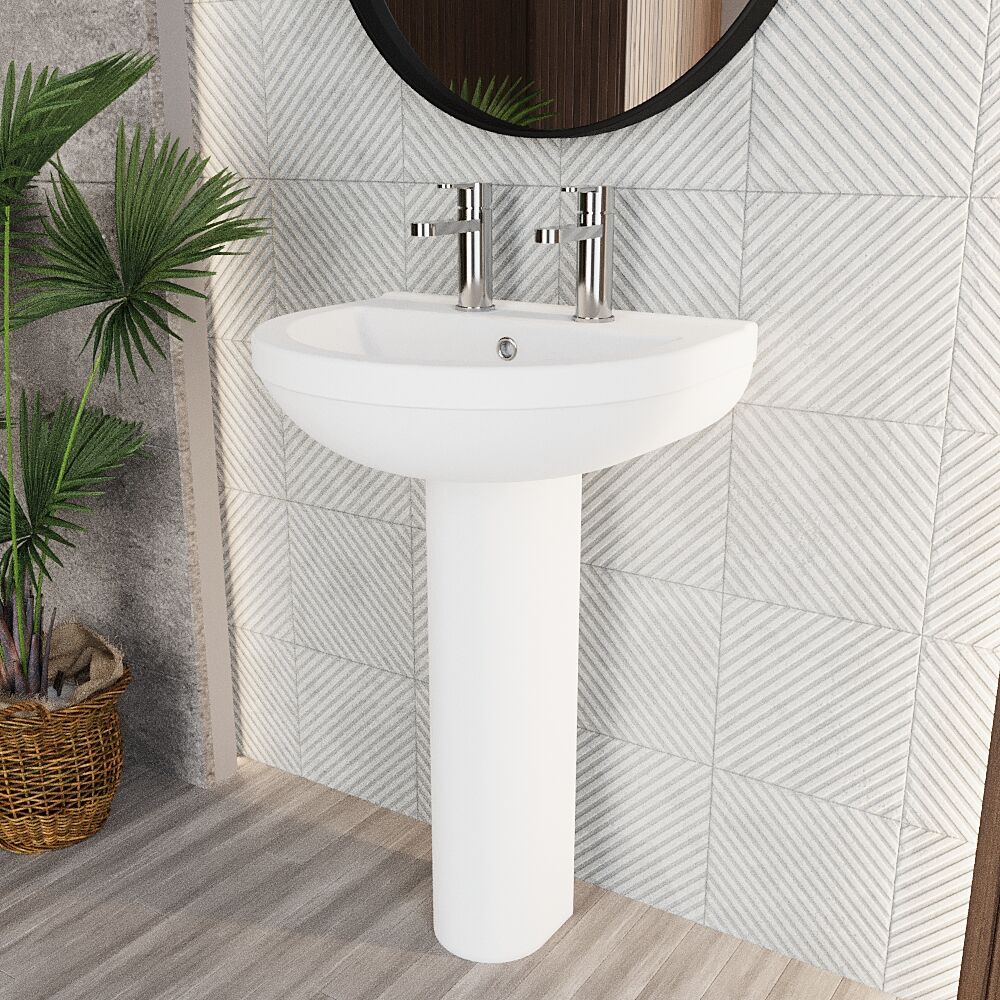 Churnet Round Ceramic Basin and Pedestal - 1 or 2 Tap Hole - 845 x 555 x 445mm - Image 8