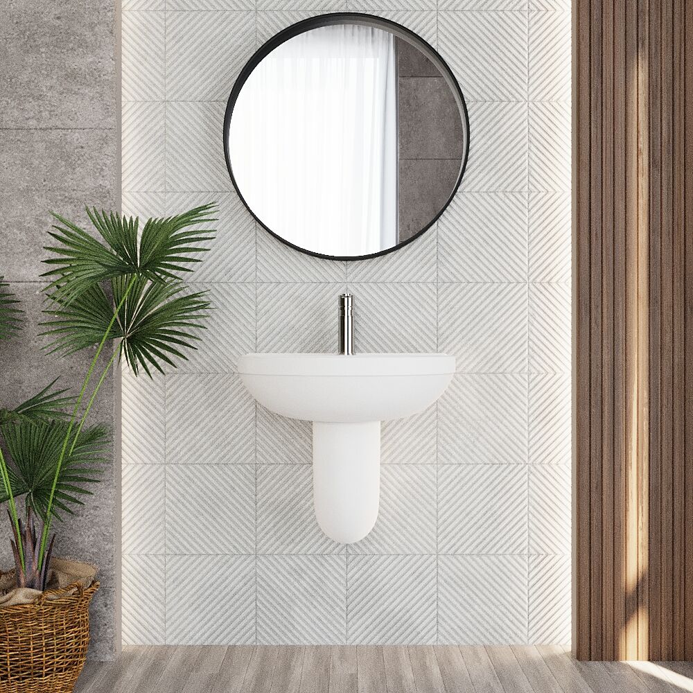 Churnet Modern White Soft Round Semi Pedestal Bathroom Basin - 1 or 2 Tap Hole (555mm) - Image 3