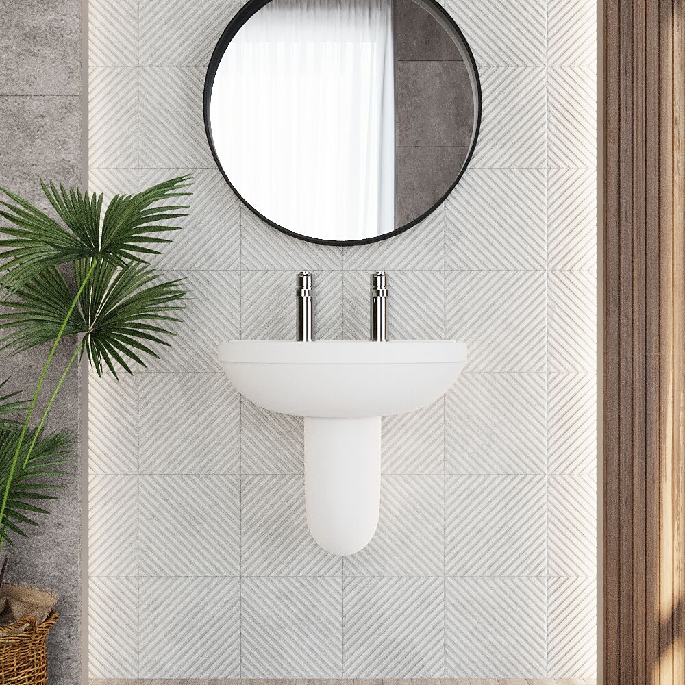 Churnet Modern White Soft Round Semi Pedestal Bathroom Basin - 1 or 2 Tap Hole (555mm) - Image 4