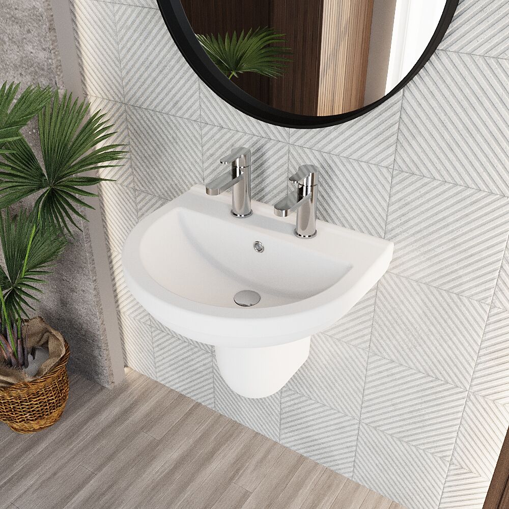 Churnet Modern White Soft Round Semi Pedestal Bathroom Basin - 1 or 2 Tap Hole (555mm) - Image 6