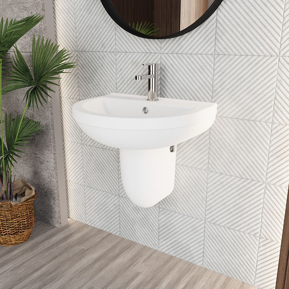 Churnet Modern White Soft Round Semi Pedestal Bathroom Basin - 1 or 2 Tap Hole (555mm) - Image 7