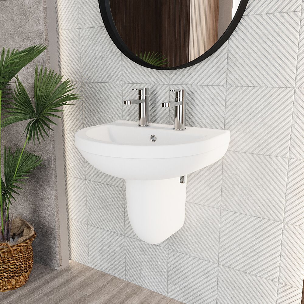 Churnet Modern White Soft Round Semi Pedestal Bathroom Basin - 1 or 2 Tap Hole (555mm) - Image 8