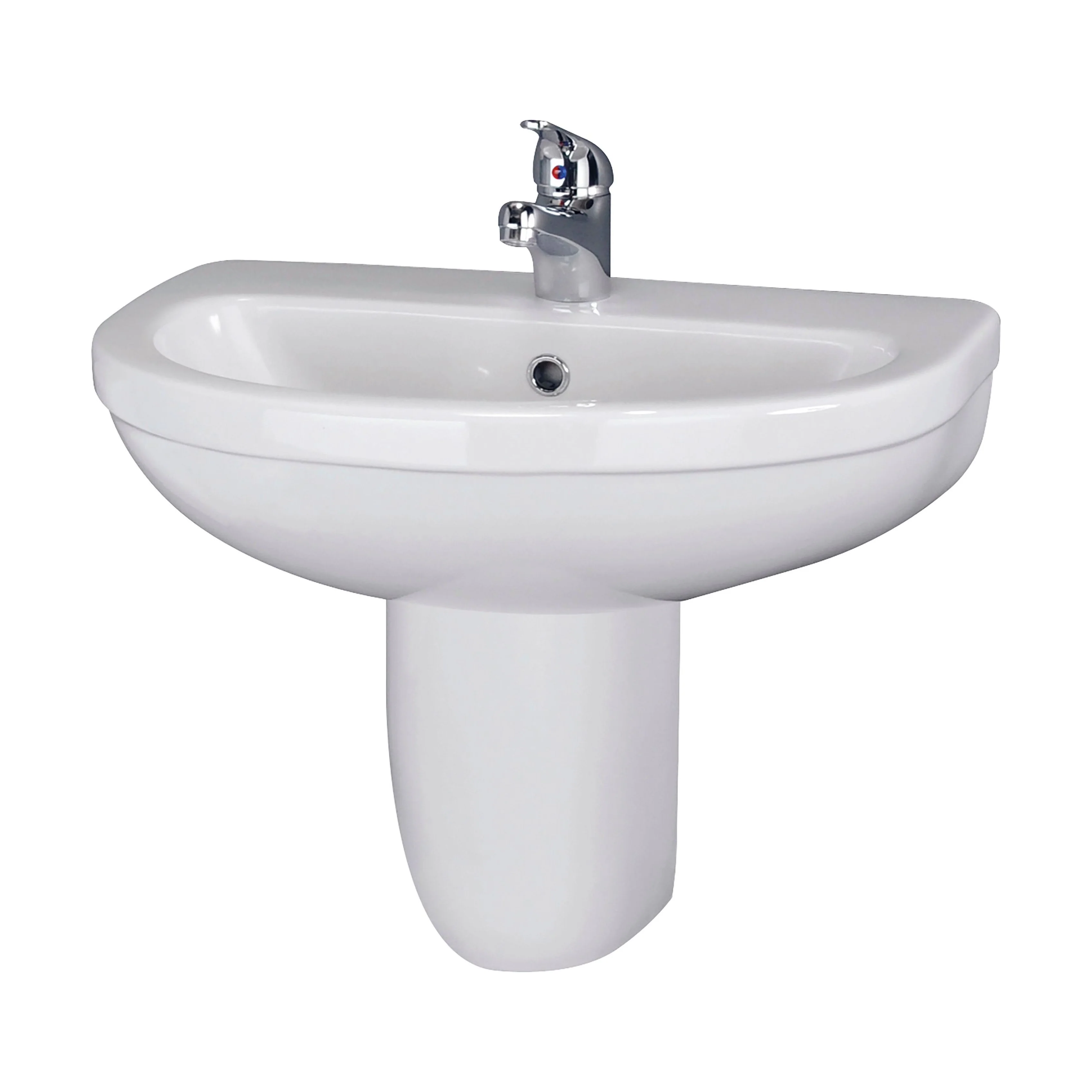 Churnet Modern White Soft Round Semi Pedestal Bathroom Basin - 1 or 2 Tap Hole (555mm) - Image 9