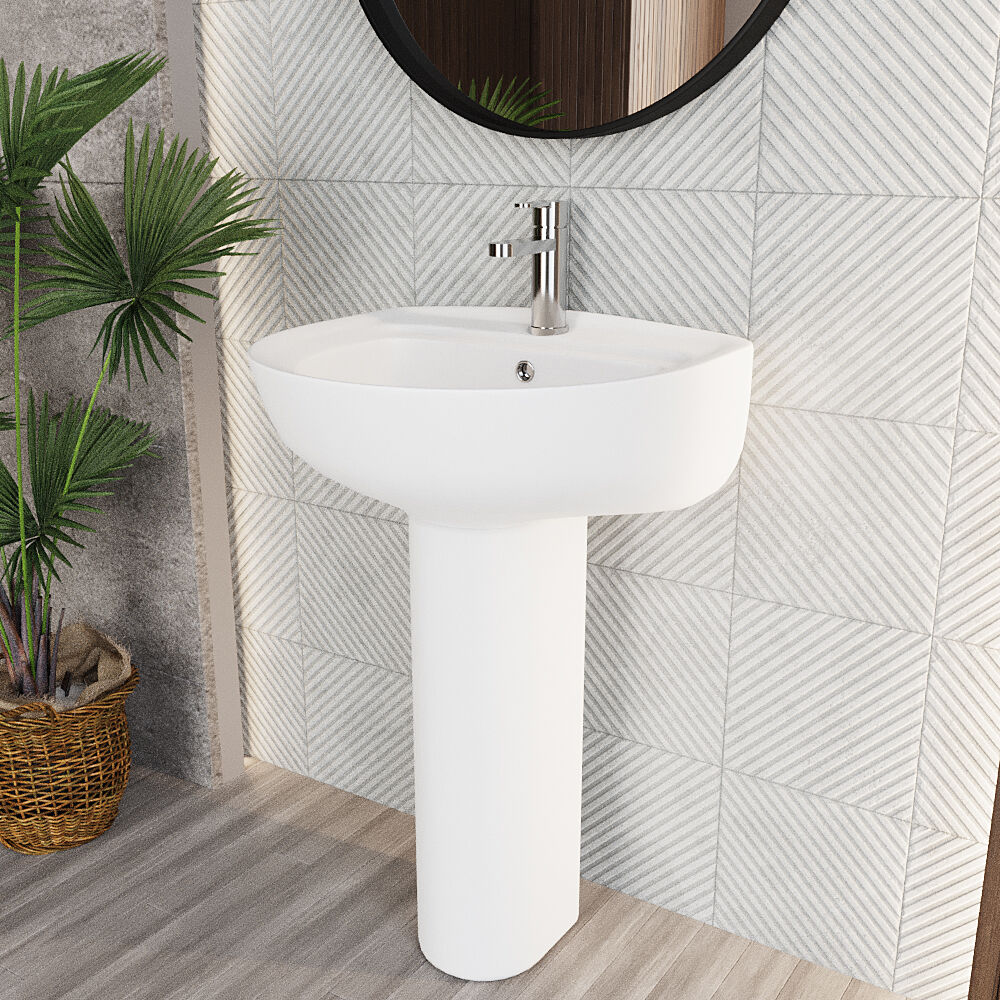 Anslow Round Ceramic Bathroom Basin and Full Pedestal - 550mm - Image 6