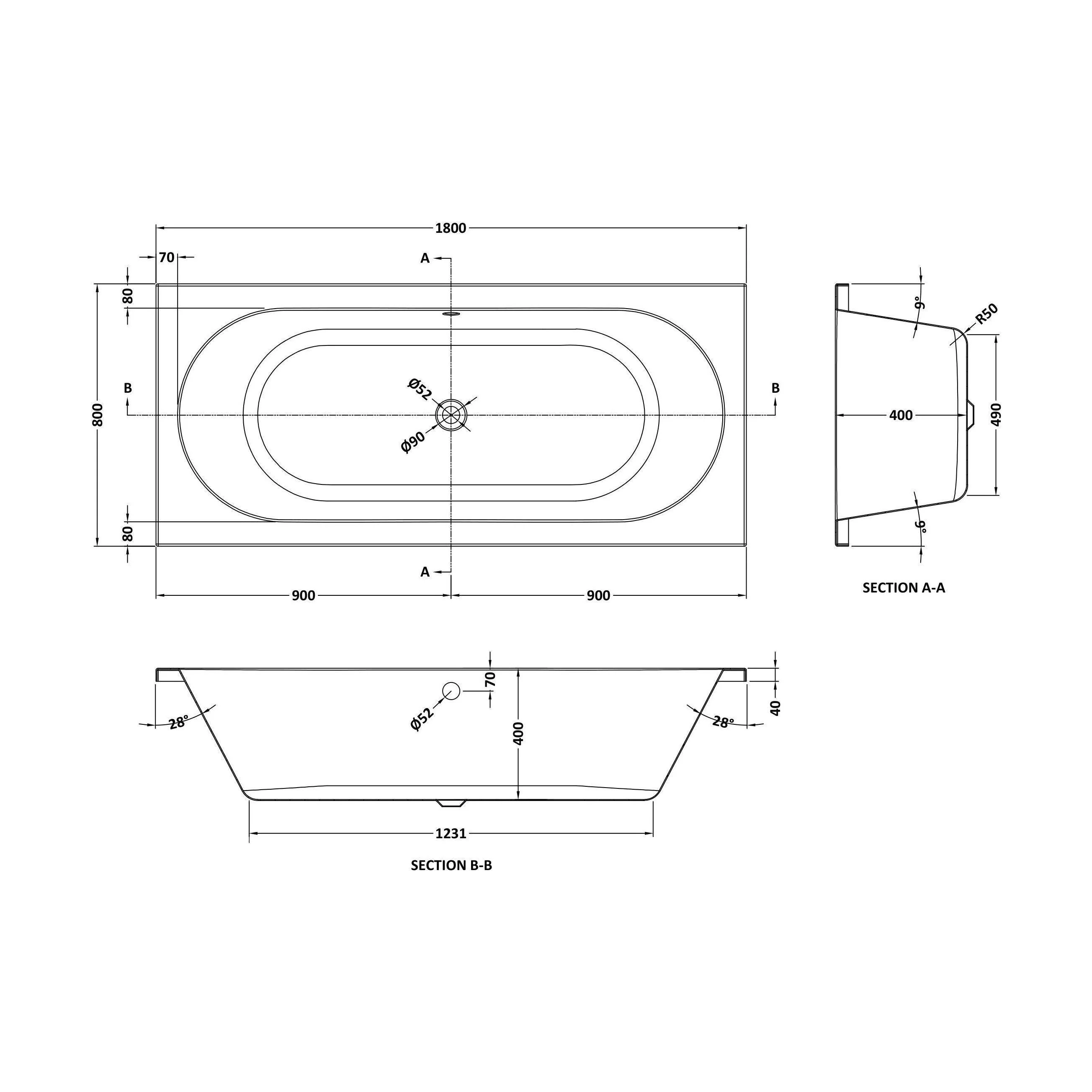 Round DE Bath with Leg Set 1800x800 EL - Image 2