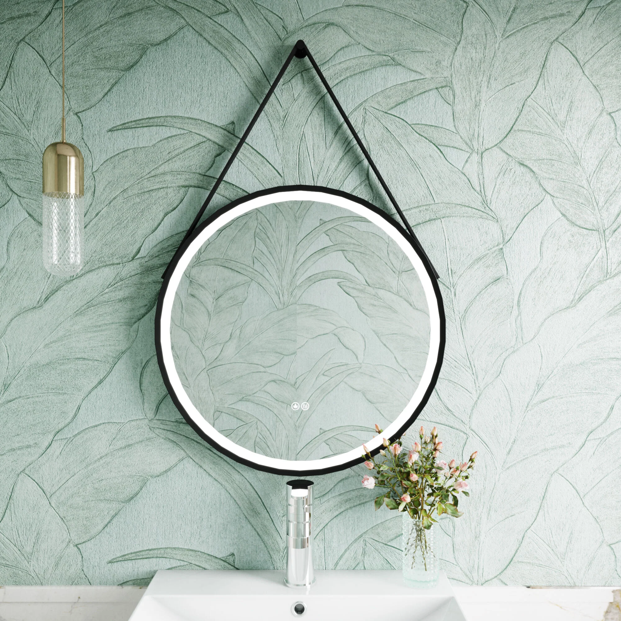 Quixhill Round LED Illuminated Touch Sensor Framed Mirror with Demister & Strap - Choice of Colour and Size - Image 7