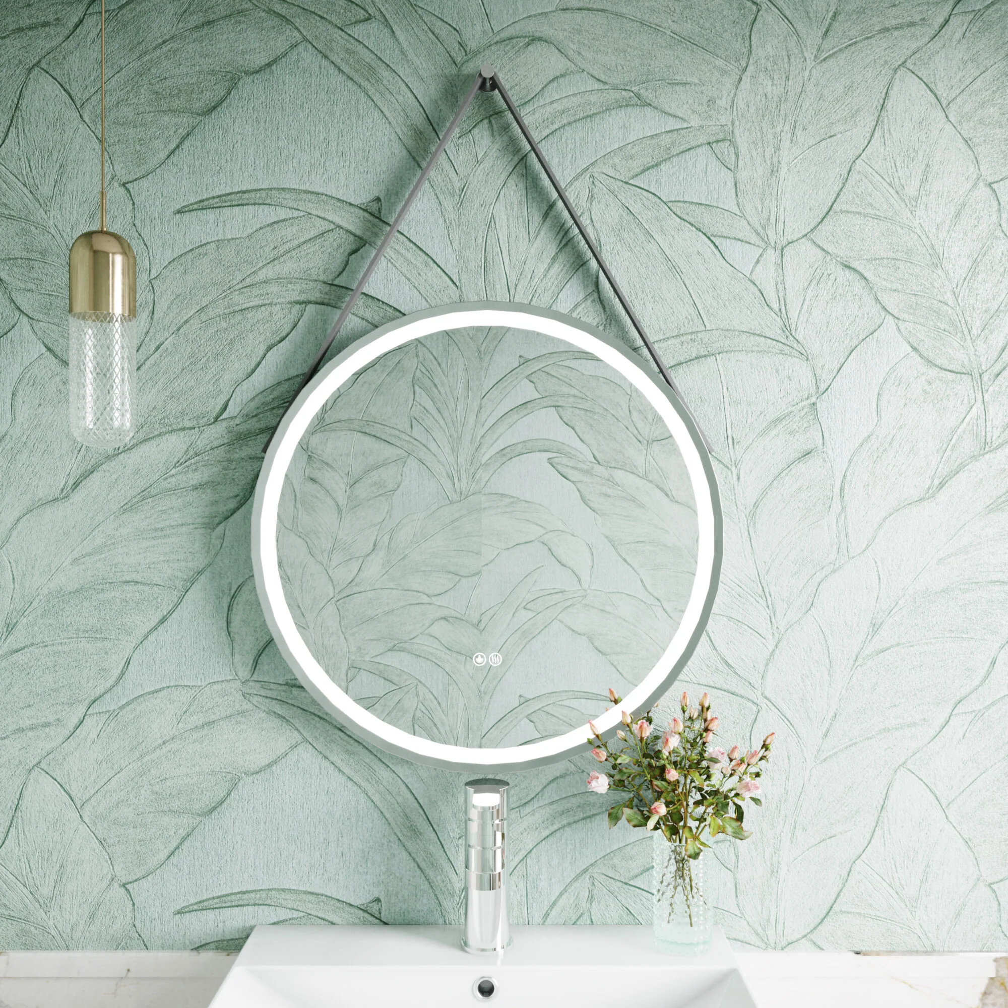 Quixhill Round LED Illuminated Touch Sensor Framed Mirror with Demister & Strap - Choice of Colour and Size - Image 9
