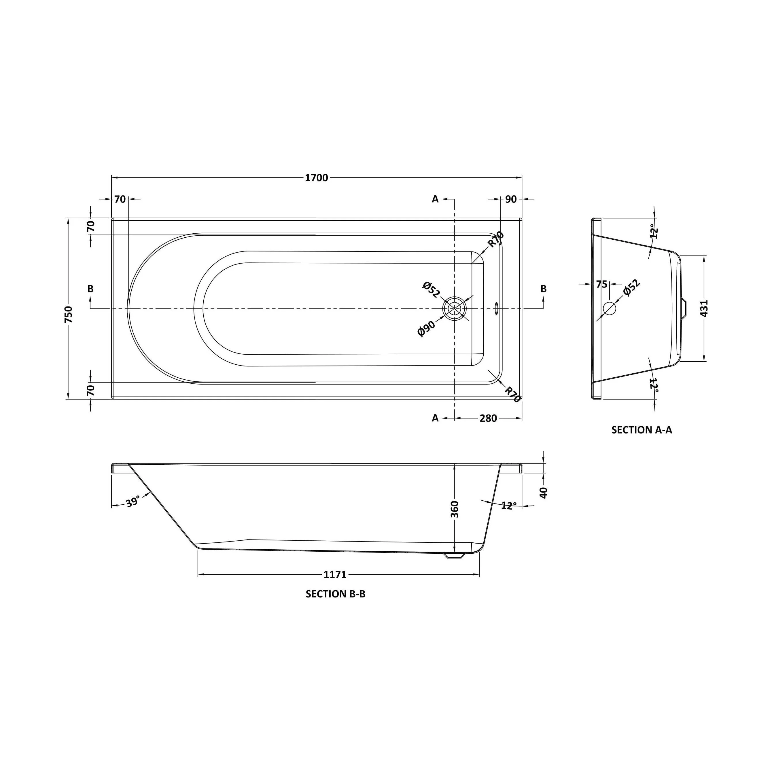 Round SE Bath with Leg Set 1700x750 EL - Image 2