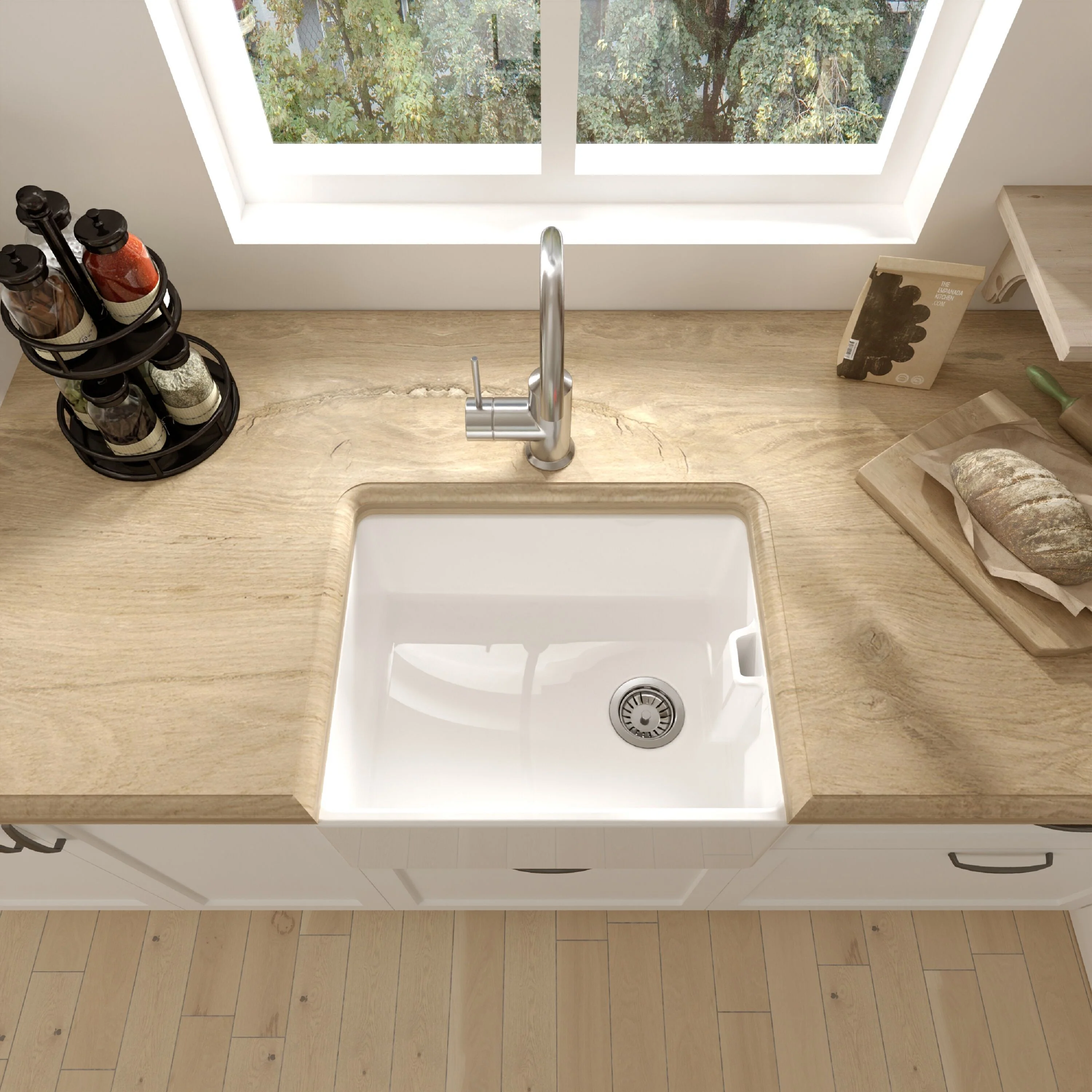 Traditional Single Bowl Fireclay Ceramic Belfast Kitchen Sink with Chrome Basket Strainer Waste - 595mm - Image 3