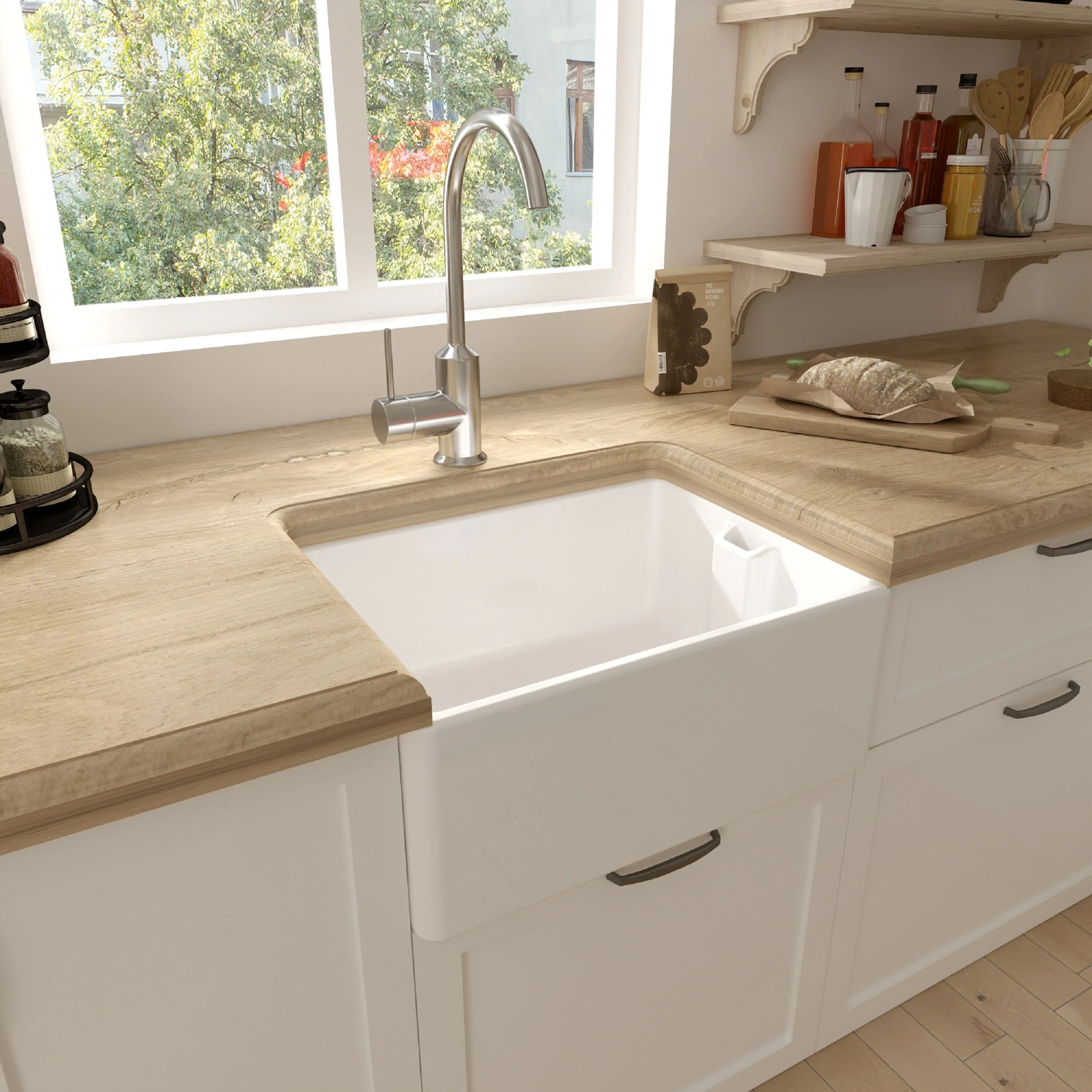 Traditional Single Bowl Fireclay Ceramic Belfast Kitchen Sink with Chrome Basket Strainer Waste - 595mm - Image 4