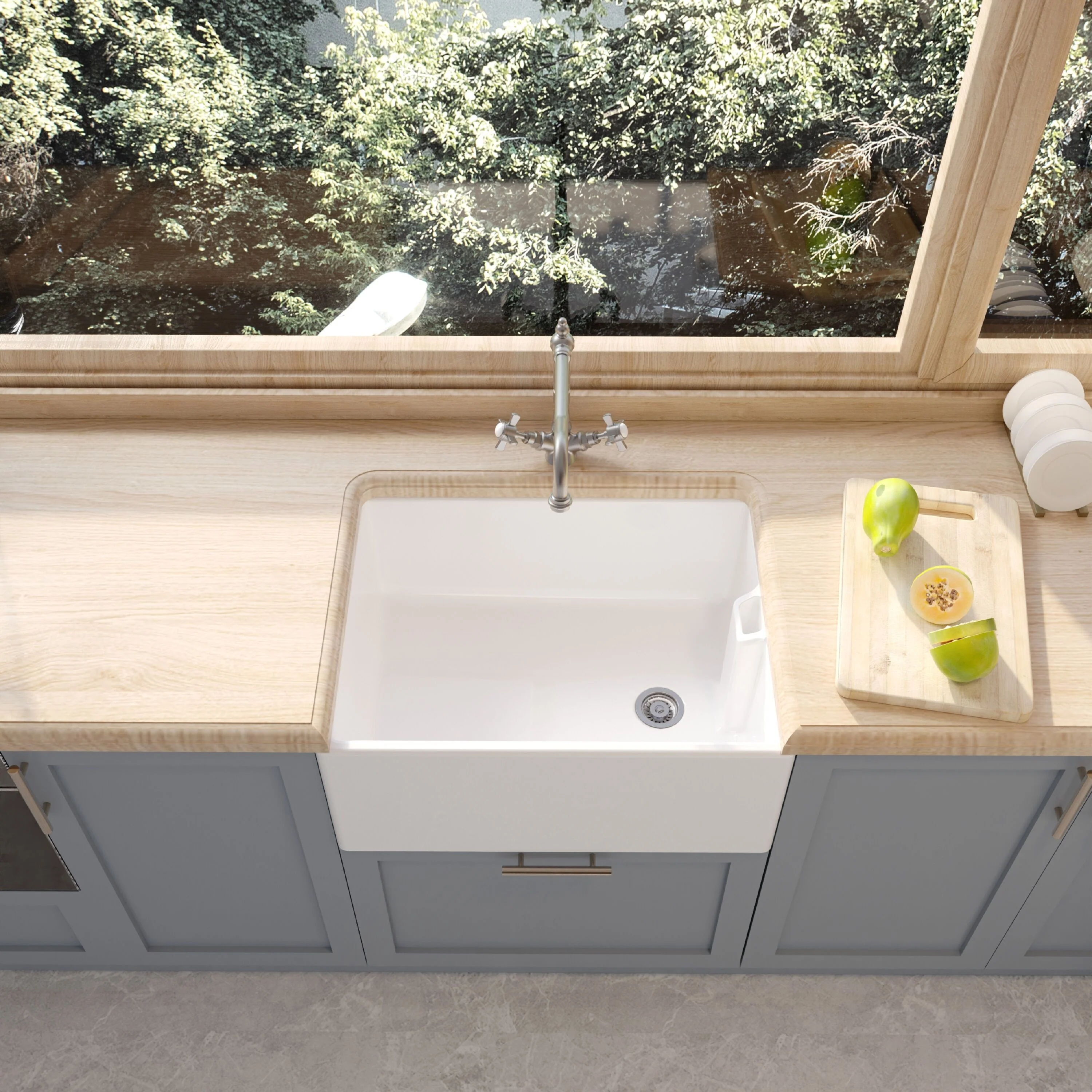Traditional Single Bowl Fireclay Ceramic  Belfast Kitchen Sink & French Classic Mono Sink Mixer Tap - Image 3