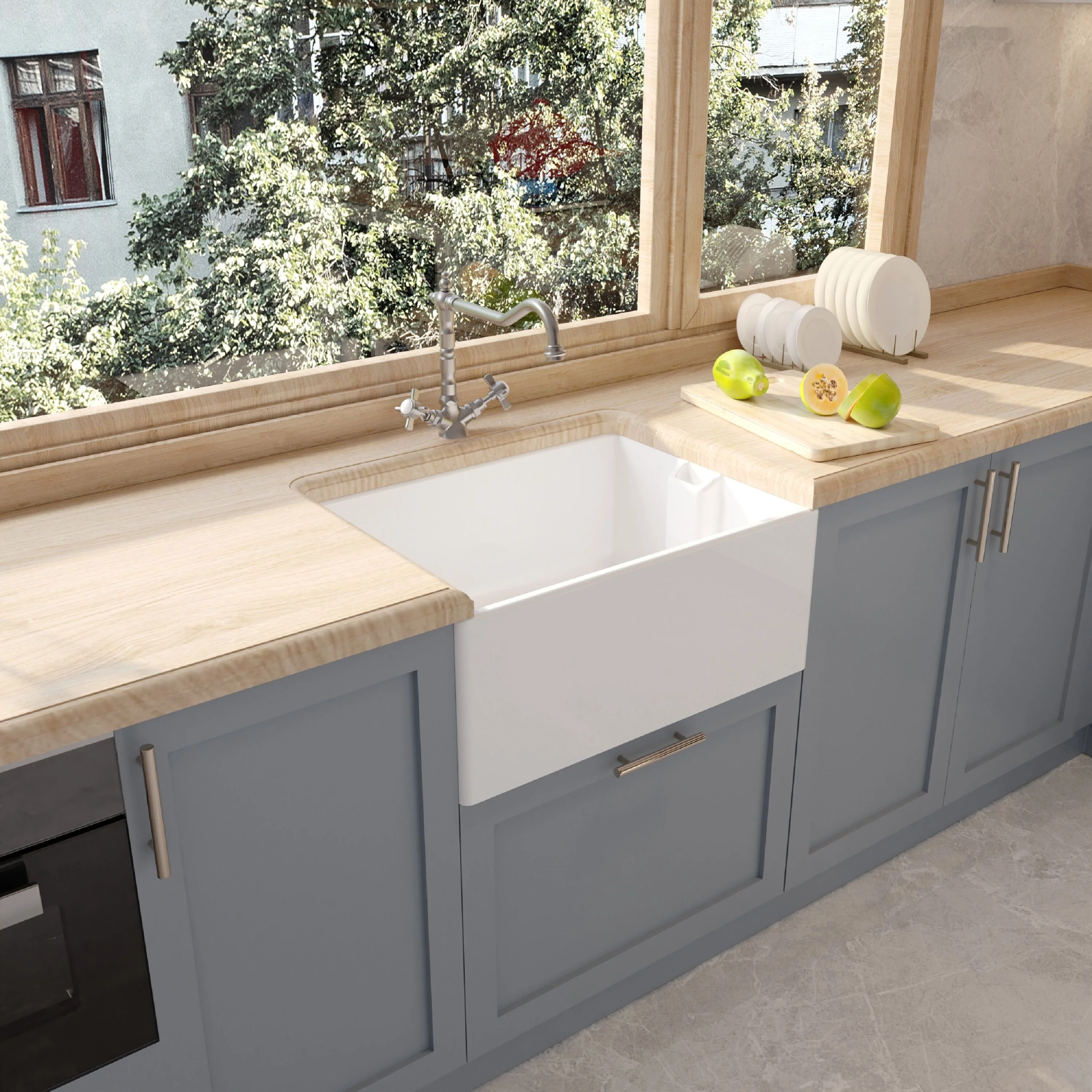 Traditional Single Bowl Fireclay Ceramic  Belfast Kitchen Sink & French Classic Mono Sink Mixer Tap - Image 4