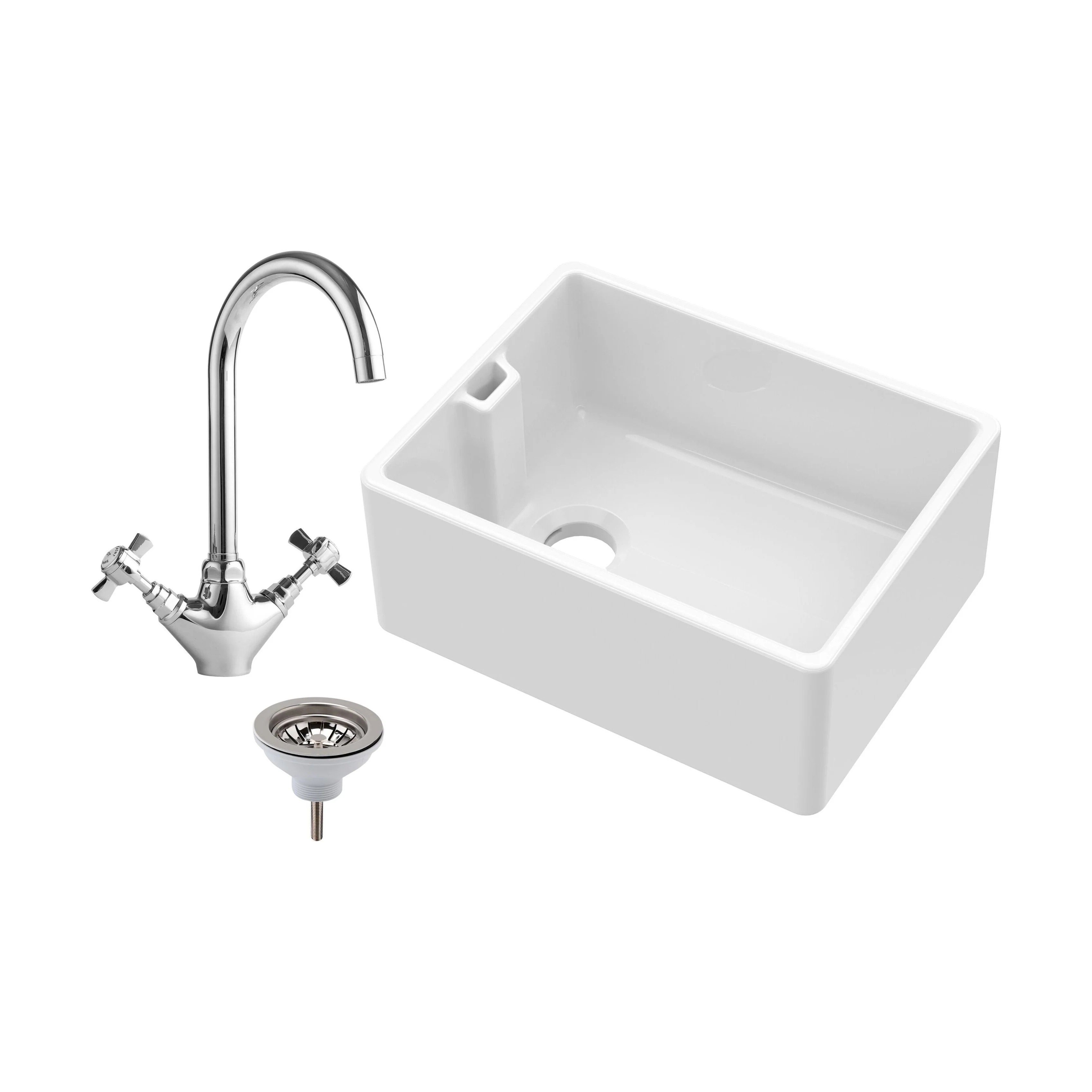 Single Bowl Fireclay Belfast Sink Bundle with Basket Strainer Waste & Mono Kitchen Sink Mixer Tap - 595mm