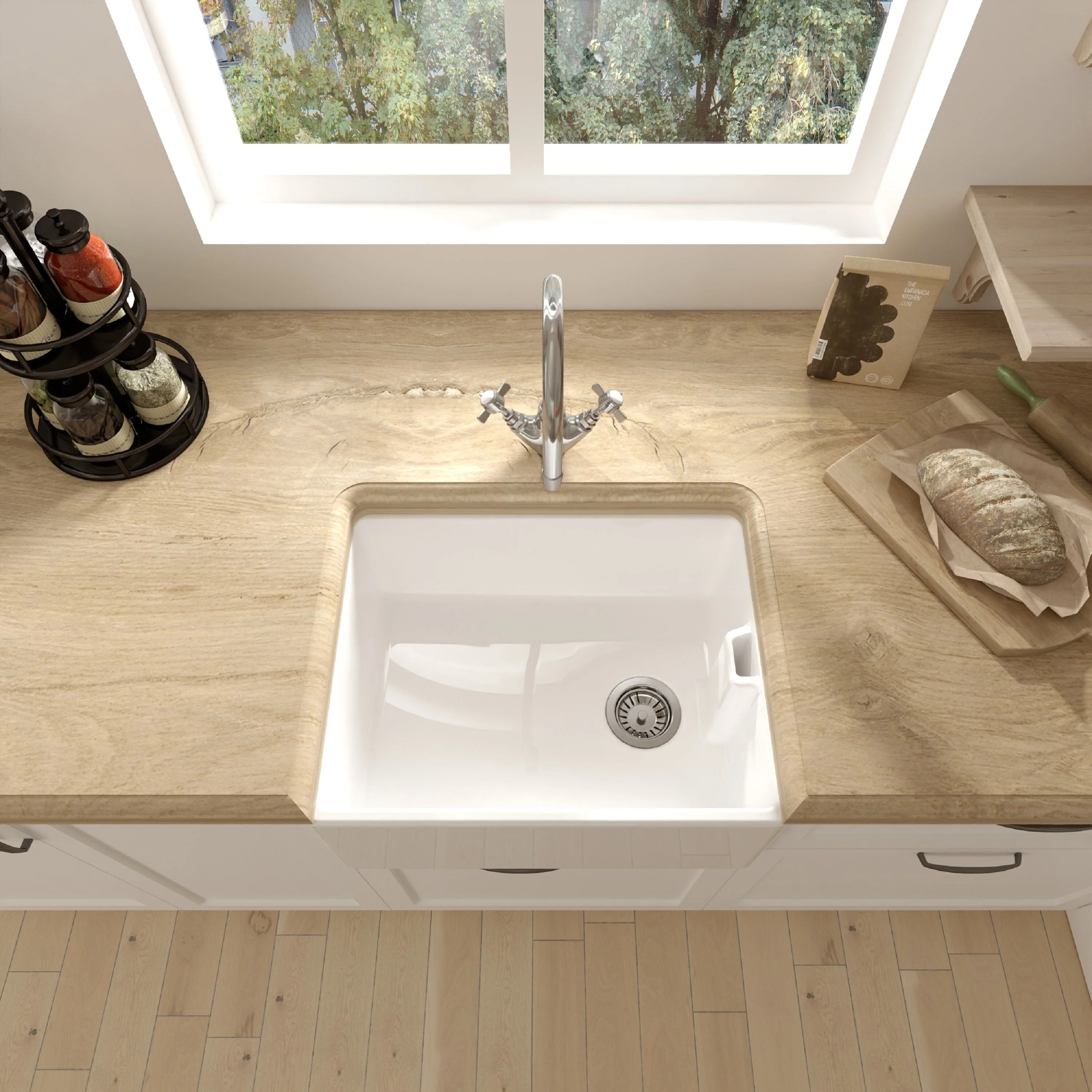 Single Bowl Fireclay Belfast Sink Bundle with Basket Strainer Waste & Mono Kitchen Sink Mixer Tap - 595mm - Image 3