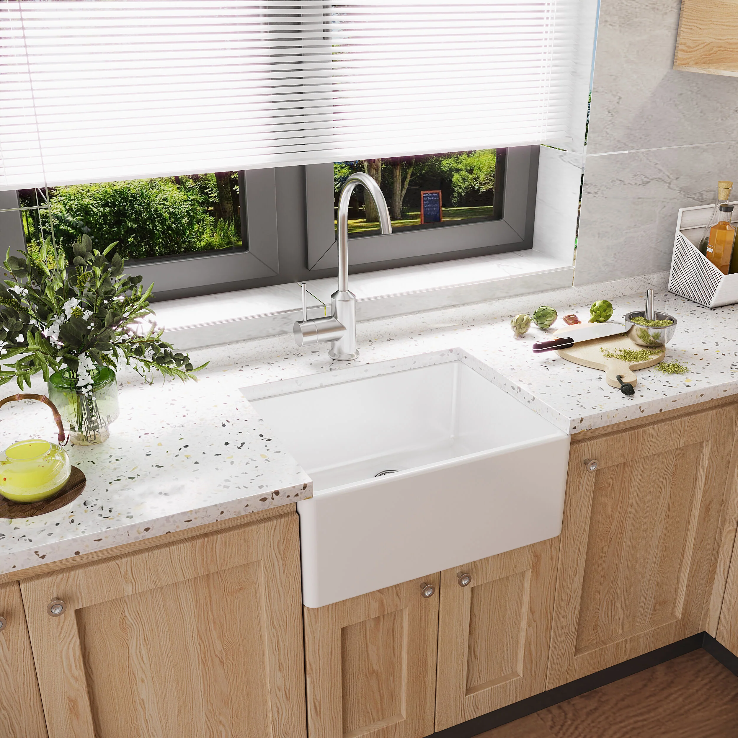 Single Bowl Fireclay Ceramic Butler Kitchen Sink with Chrome Strainer Waste - 595mm - Image 4