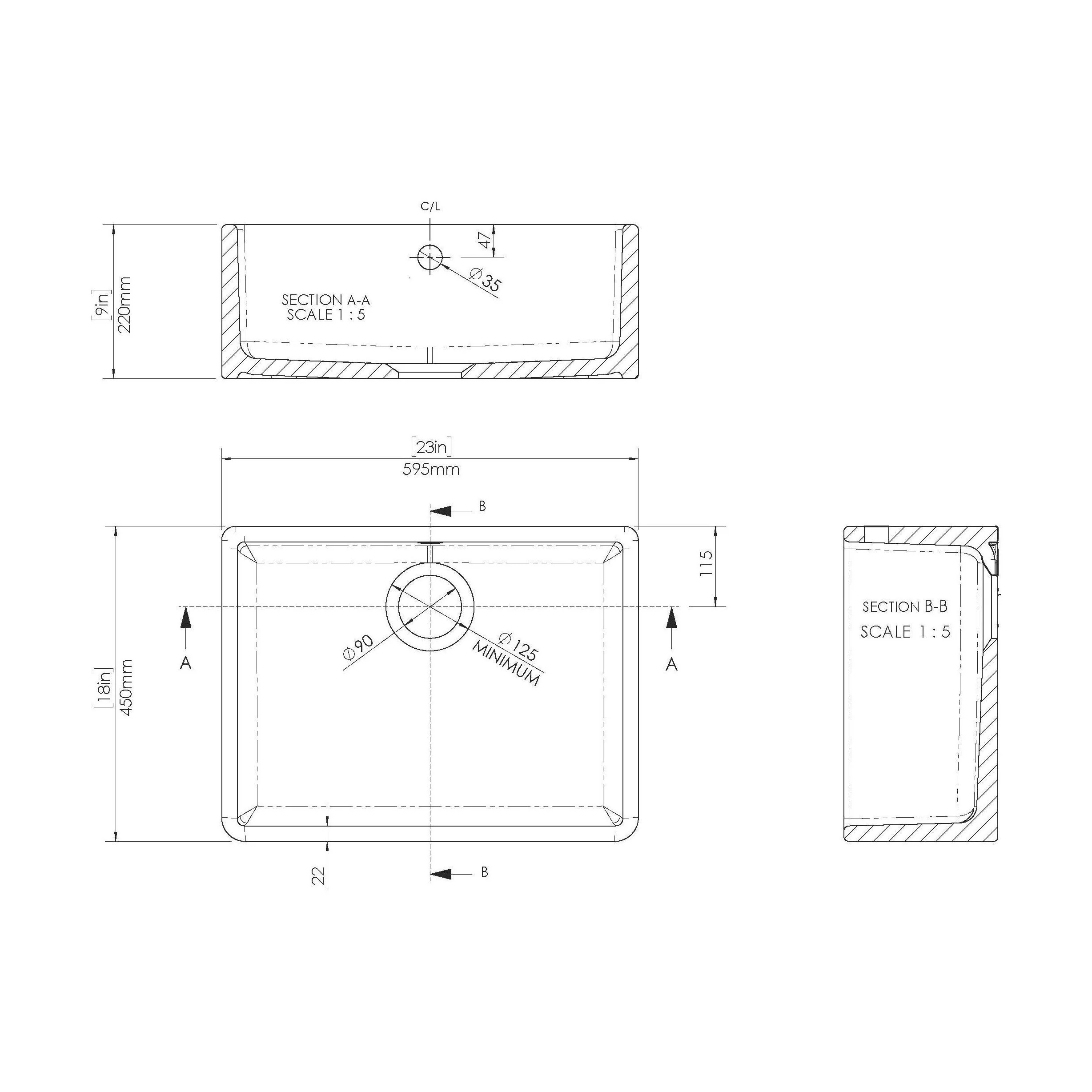 Single Bowl Fireclay Ceramic Butler Kitchen Sink with Chrome Basket Strainer Waste with Overflow - 595mm - Image 5