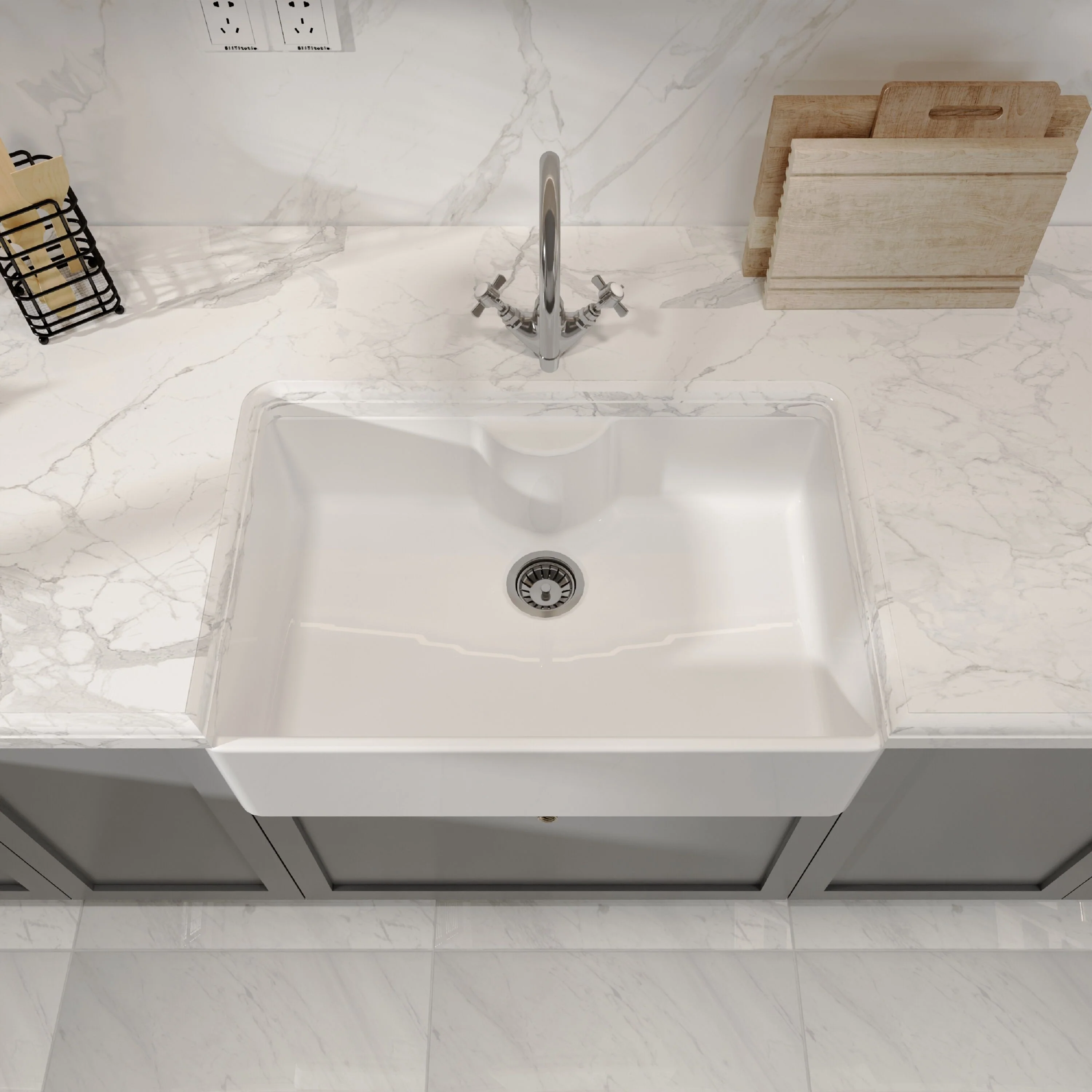 Single Bowl Fireclay Ceramic Butler Kitchen Sink with Tap Ledge & Strainer Waste - Image 3