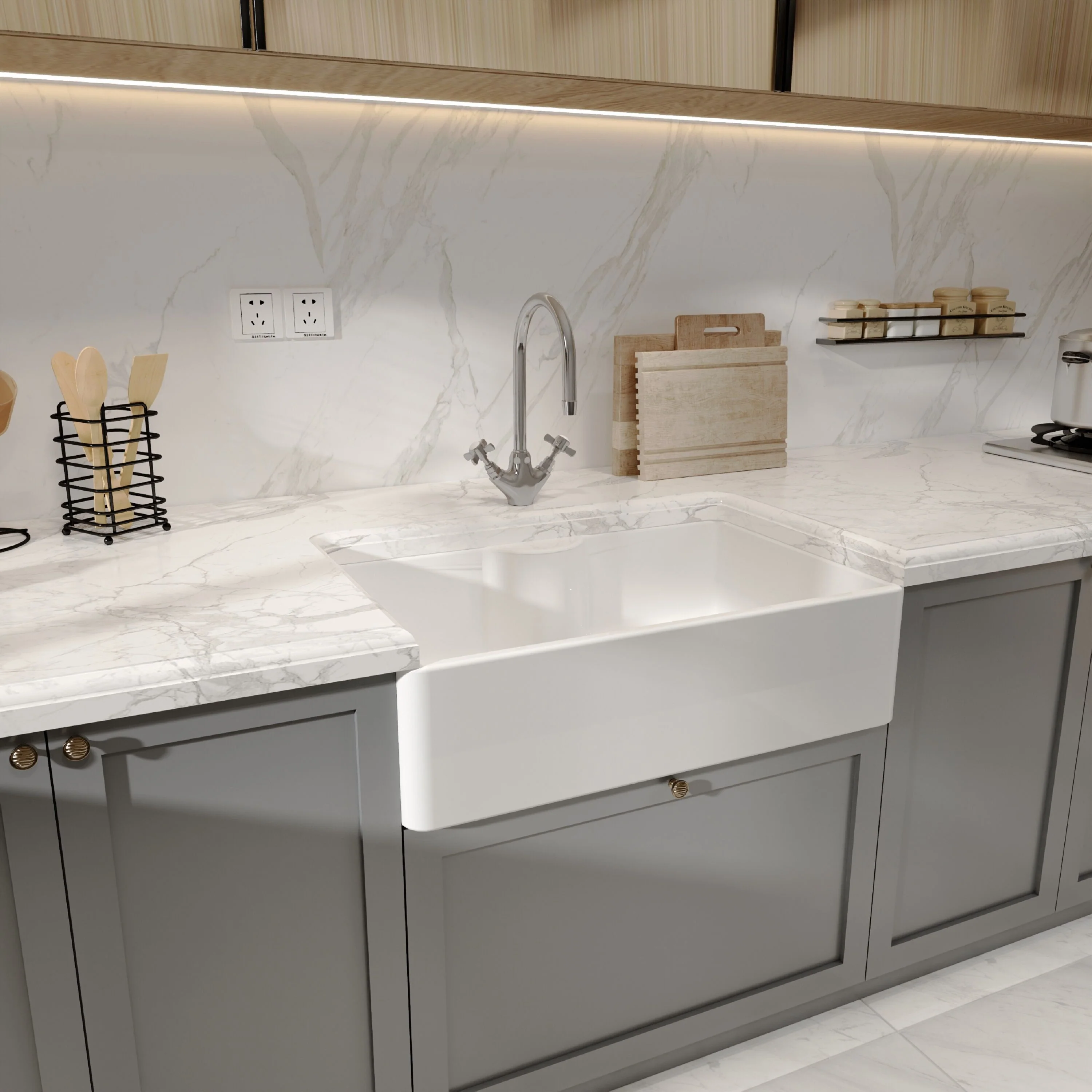 Single Bowl Fireclay Ceramic Butler Kitchen Sink with Tap Ledge & Strainer Waste - Image 4