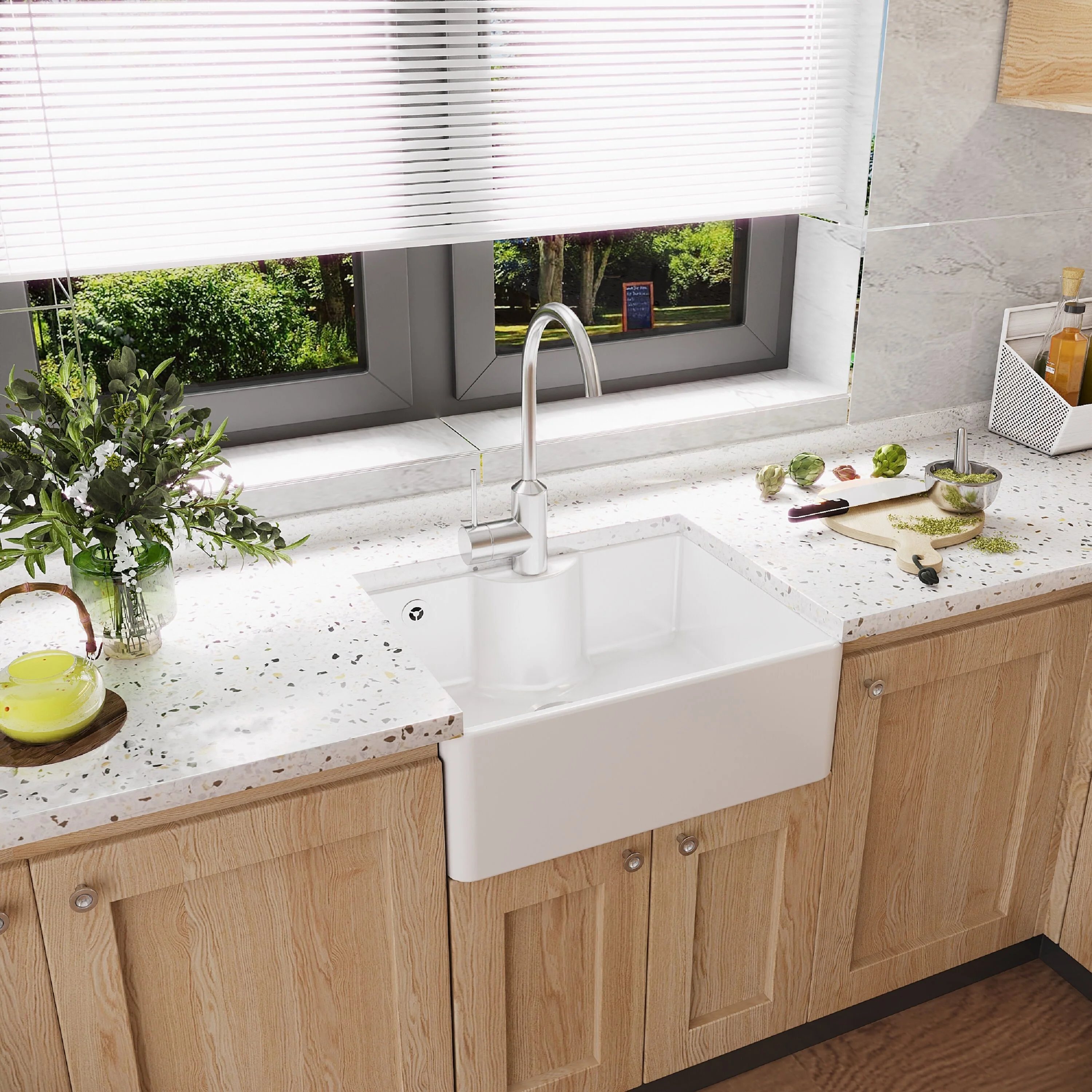 Single Bowl Fireclay Ceramic Butler Kitchen Sink with Overflow and Tap Ledge with Tap Hole and Chrome Basket Strainer Waste with Overflow - 595mm - Image 4