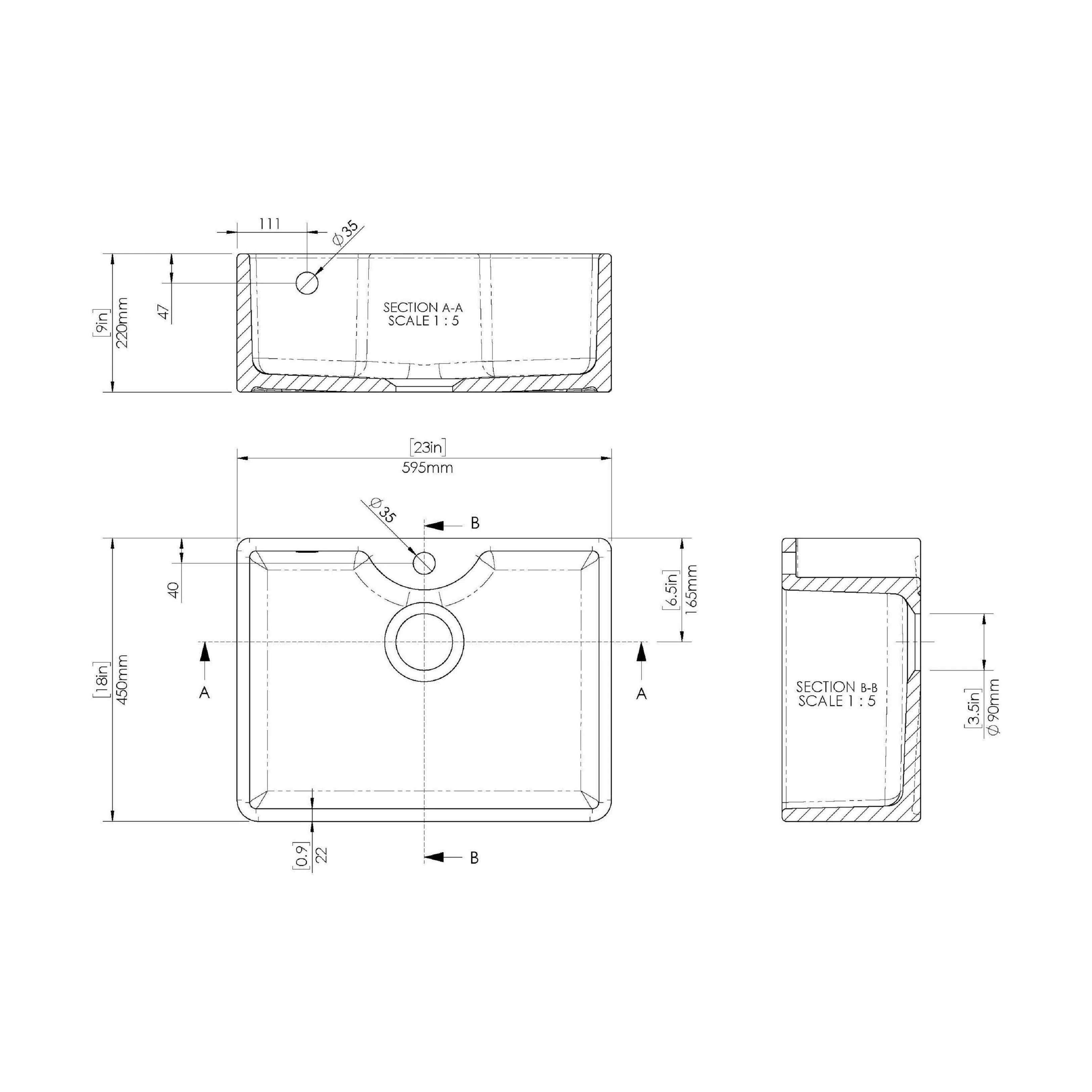 Single Bowl Fireclay Ceramic Butler Kitchen Sink with Overflow and Tap Ledge with Tap Hole and Chrome Basket Strainer Waste with Overflow - 595mm - Image 5
