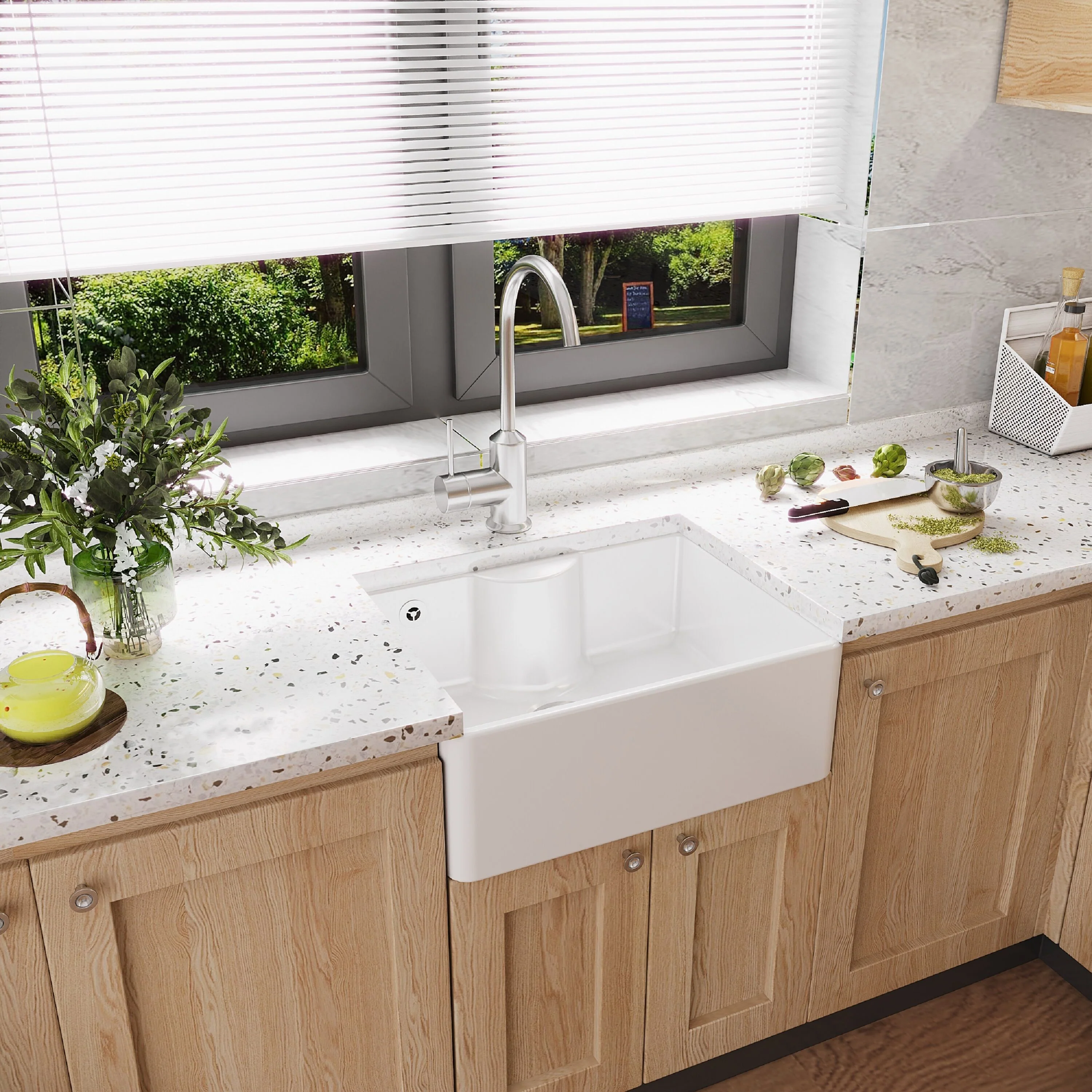Single Bowl Fireclay Ceramic Butler Kitchen Sink with Ledge , Overflow & Waste - Image 4