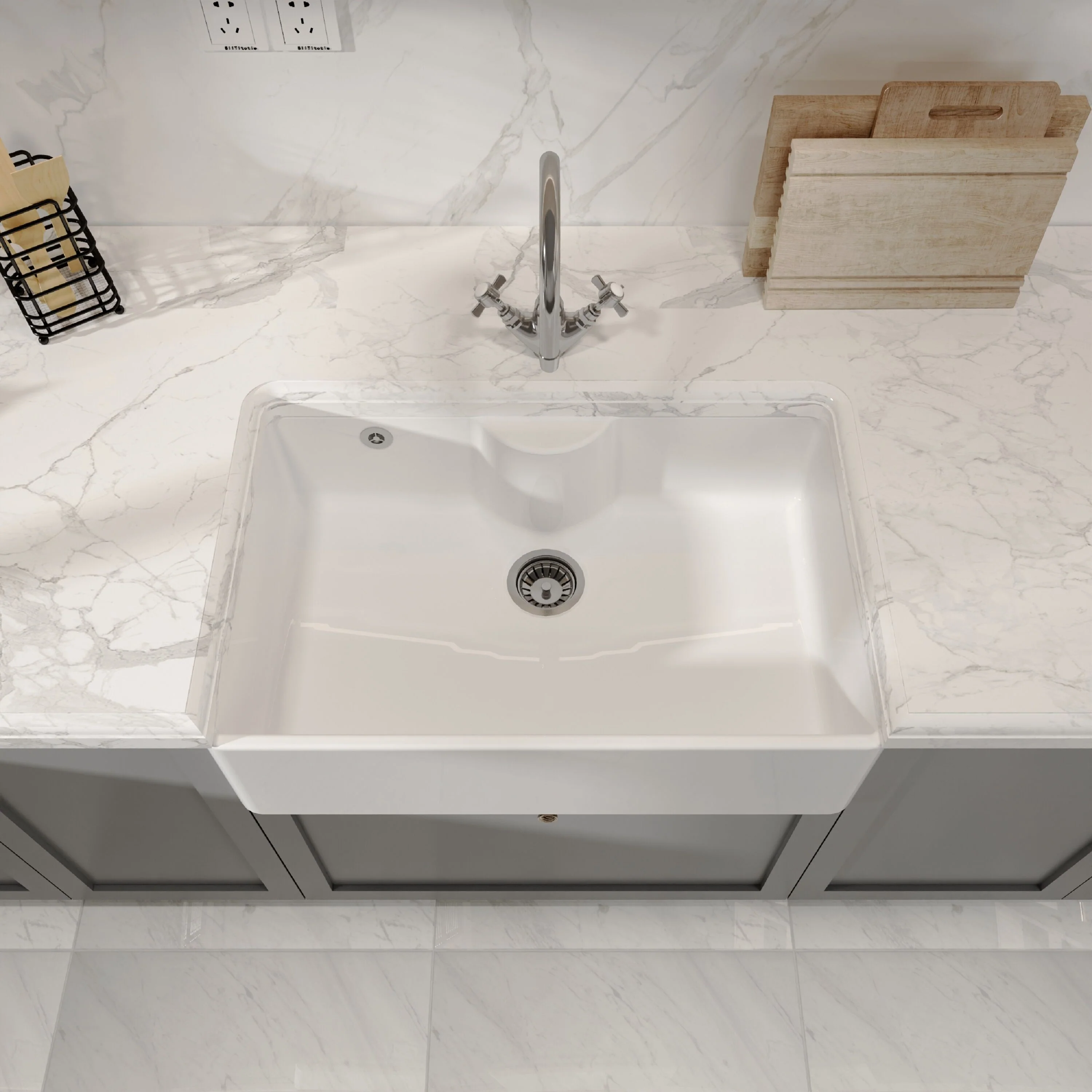 Single Bowl Fireclay Ceramic Butler Kitchen Sink with Tap Ledge and Overflow and Chrome Basket Strainer Waste - 795mm - Image 3