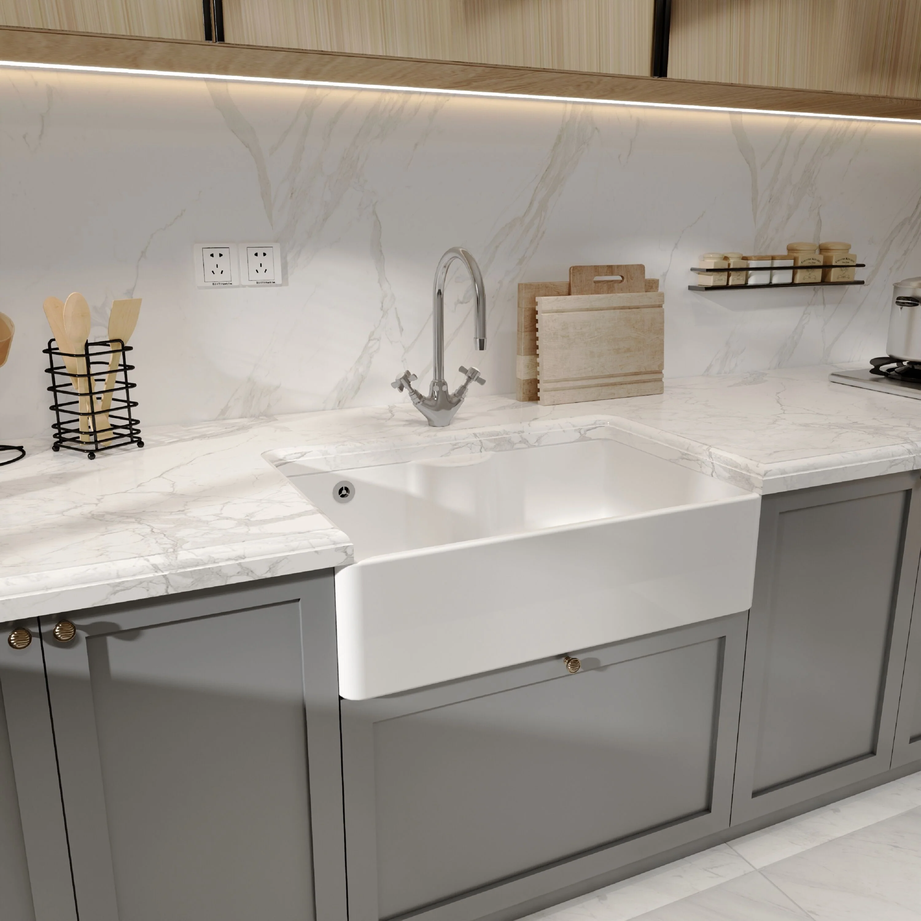 Single Bowl Fireclay Ceramic Butler Kitchen Sink with Tap Ledge and Overflow and Chrome Basket Strainer Waste - 795mm - Image 4
