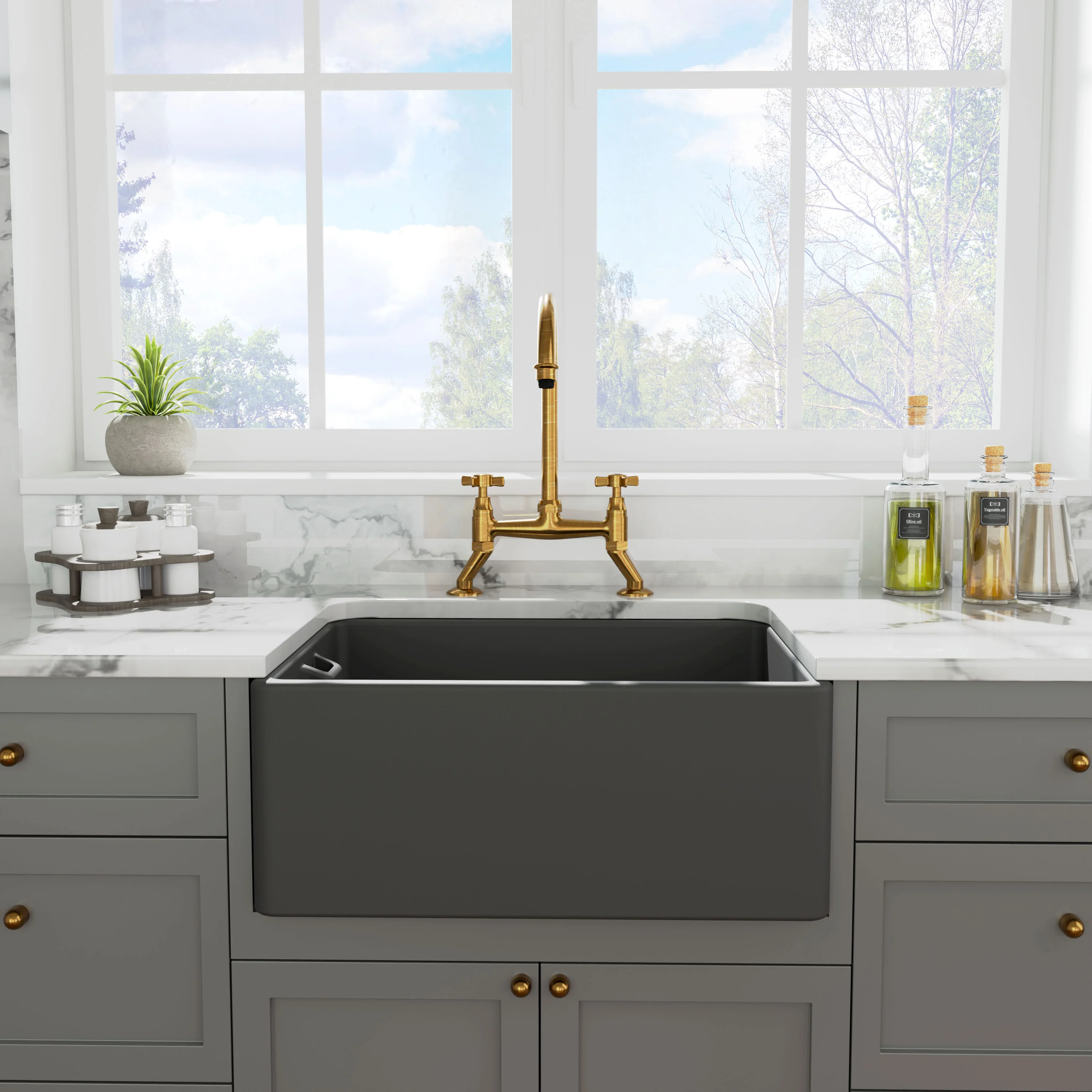 Single Bowl Fireclay Ceramic Belfast Kitchen Sink with Built In Overflow - 595mm - Multiple Colours - Image 4