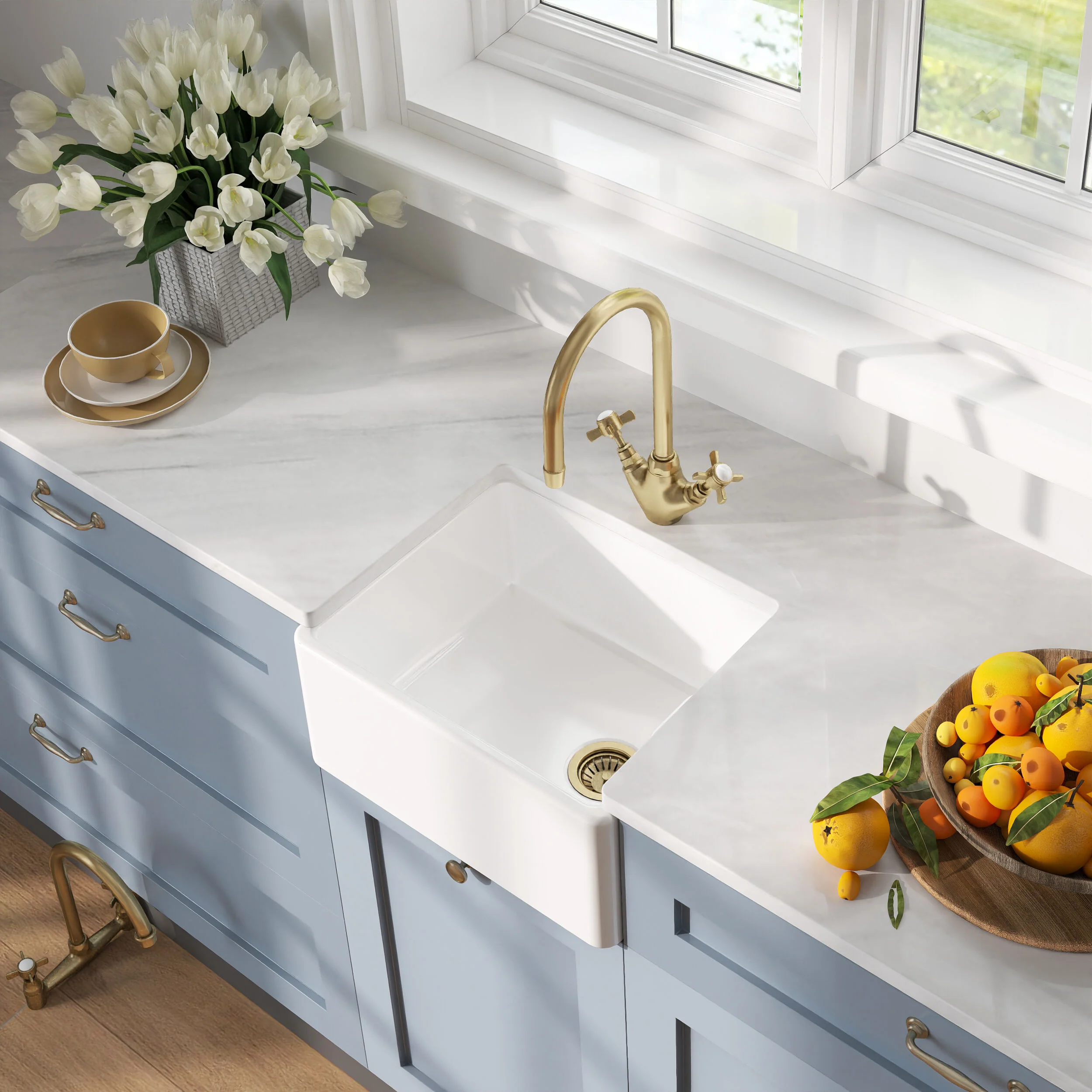 Single Bowl Fireclay Ceramic Belfast Kitchen Sink with Built In Overflow - 595mm - Multiple Colours - Image 5