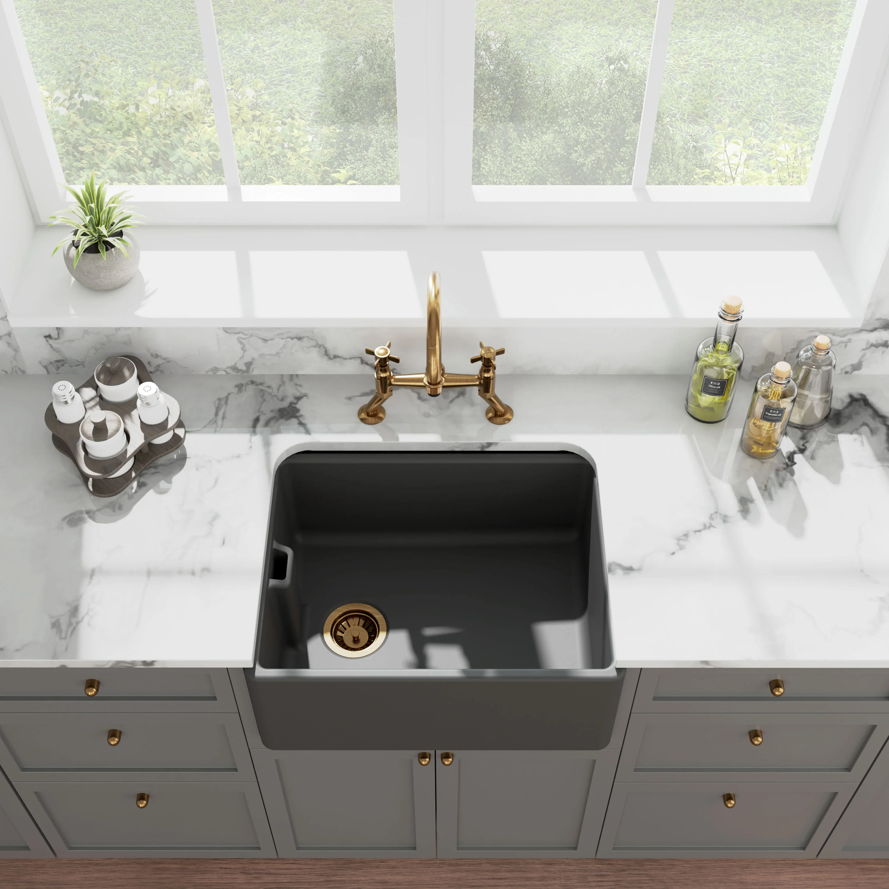 Single Bowl Fireclay Ceramic Belfast Kitchen Sink with Built In Overflow - 595mm - Multiple Colours - Image 6