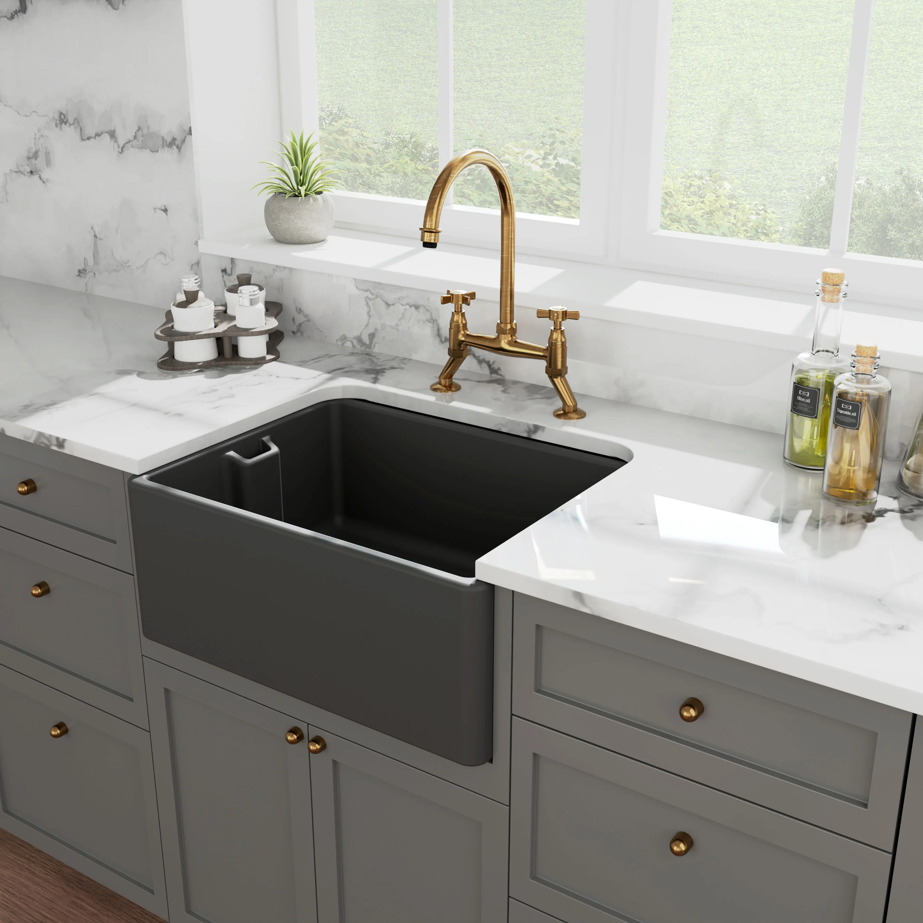 Single Bowl Fireclay Ceramic Belfast Kitchen Sink with Built In Overflow - 595mm - Multiple Colours - Image 8