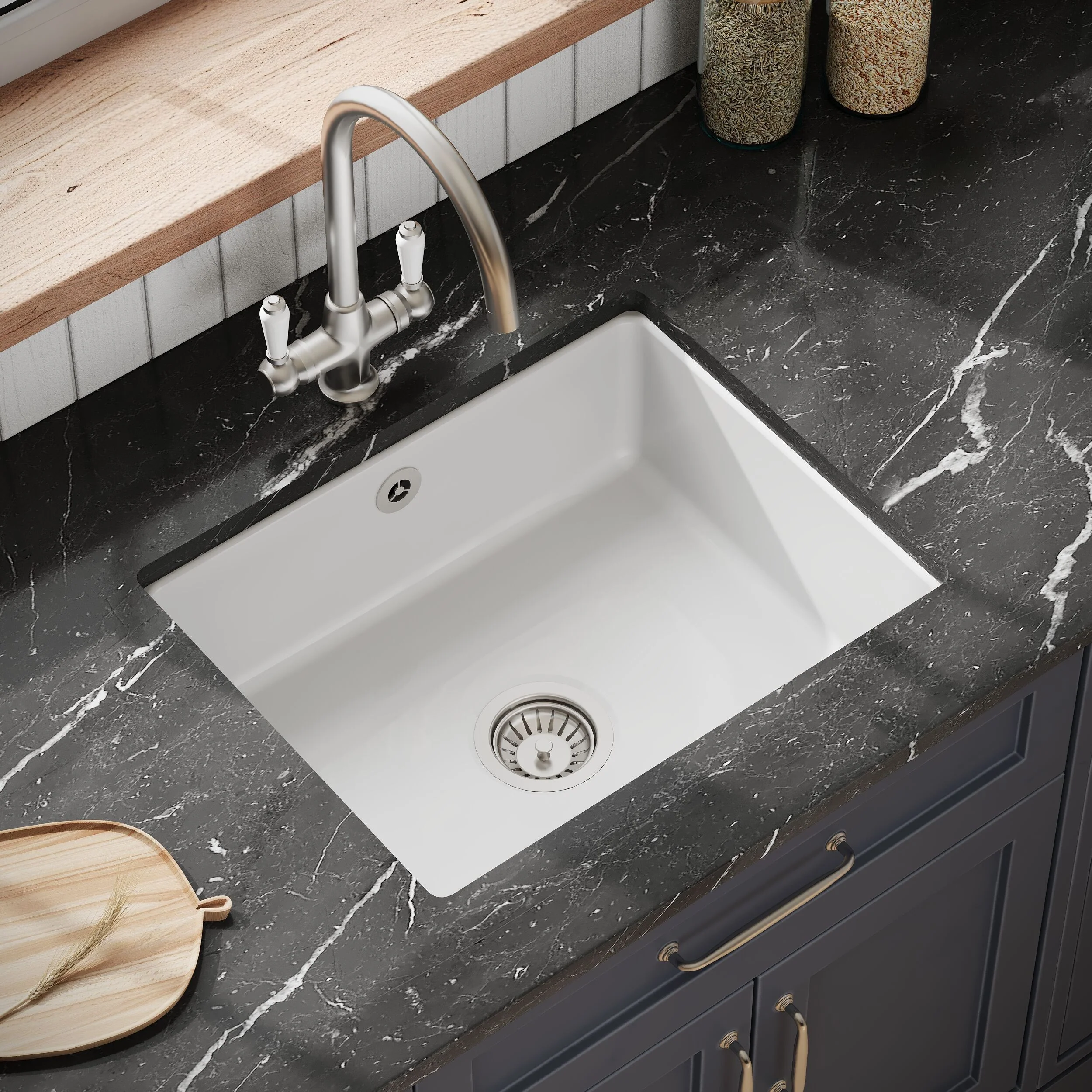 Single Bowl Fireclay Ceramic Square Undermount Kitchen Sink with Overflow - 548mm - Choice of Finish - Image 5