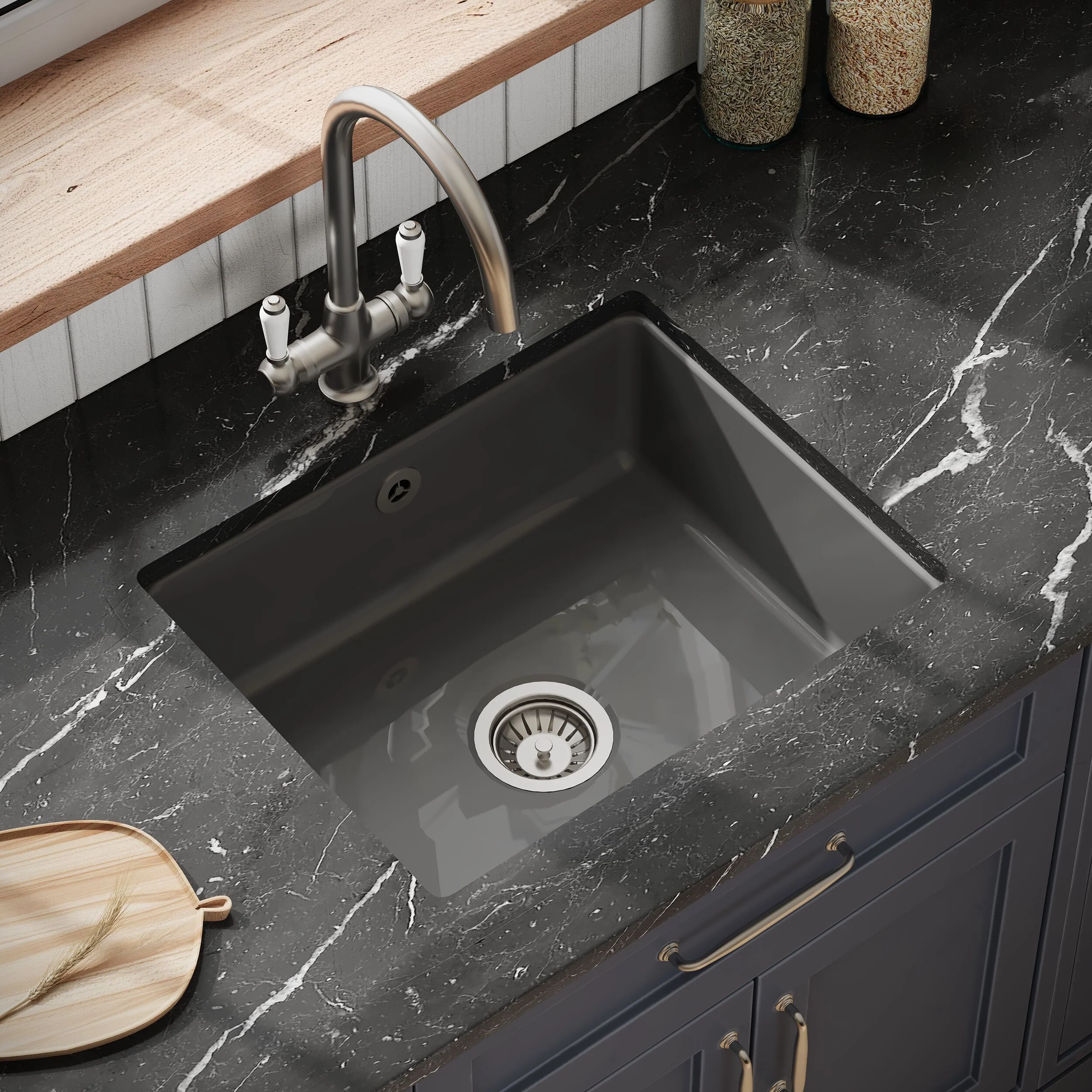Single Bowl Fireclay Ceramic Square Undermount Kitchen Sink with Overflow - 548mm - Choice of Finish - Image 6