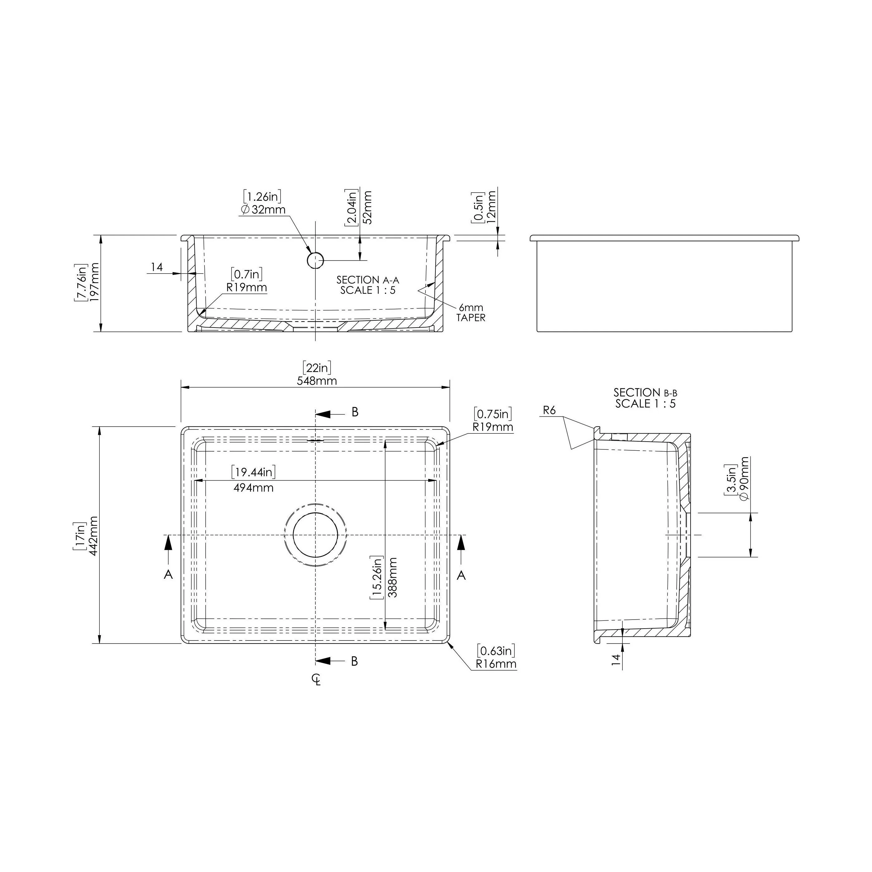 Single Bowl Fireclay Ceramic Square Undermount Kitchen Sink with Overflow - 548mm - Choice of Finish - Image 9