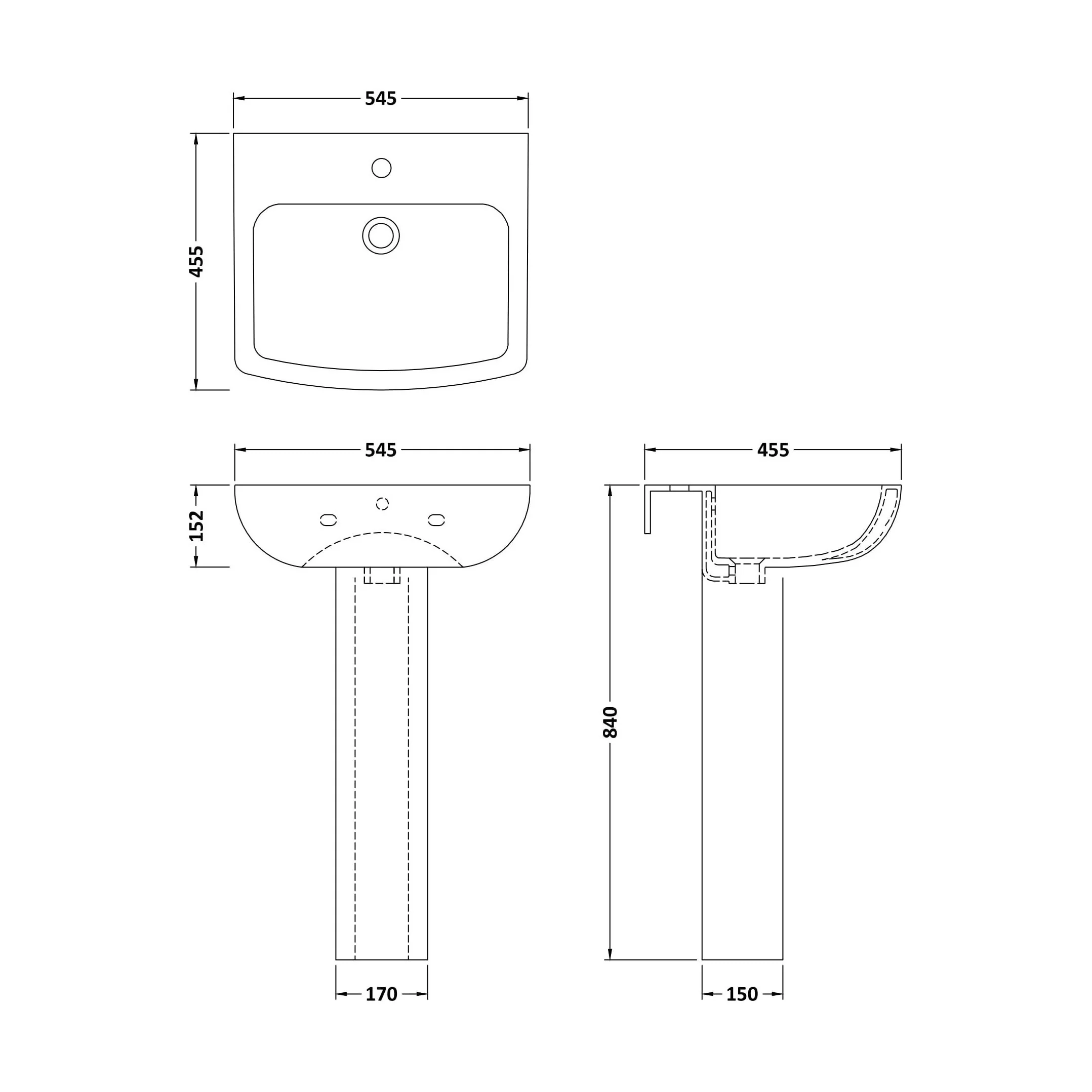 Hilderstone Modern 1 Tap Hole Basin and Pedestal - 545mm - Image 6