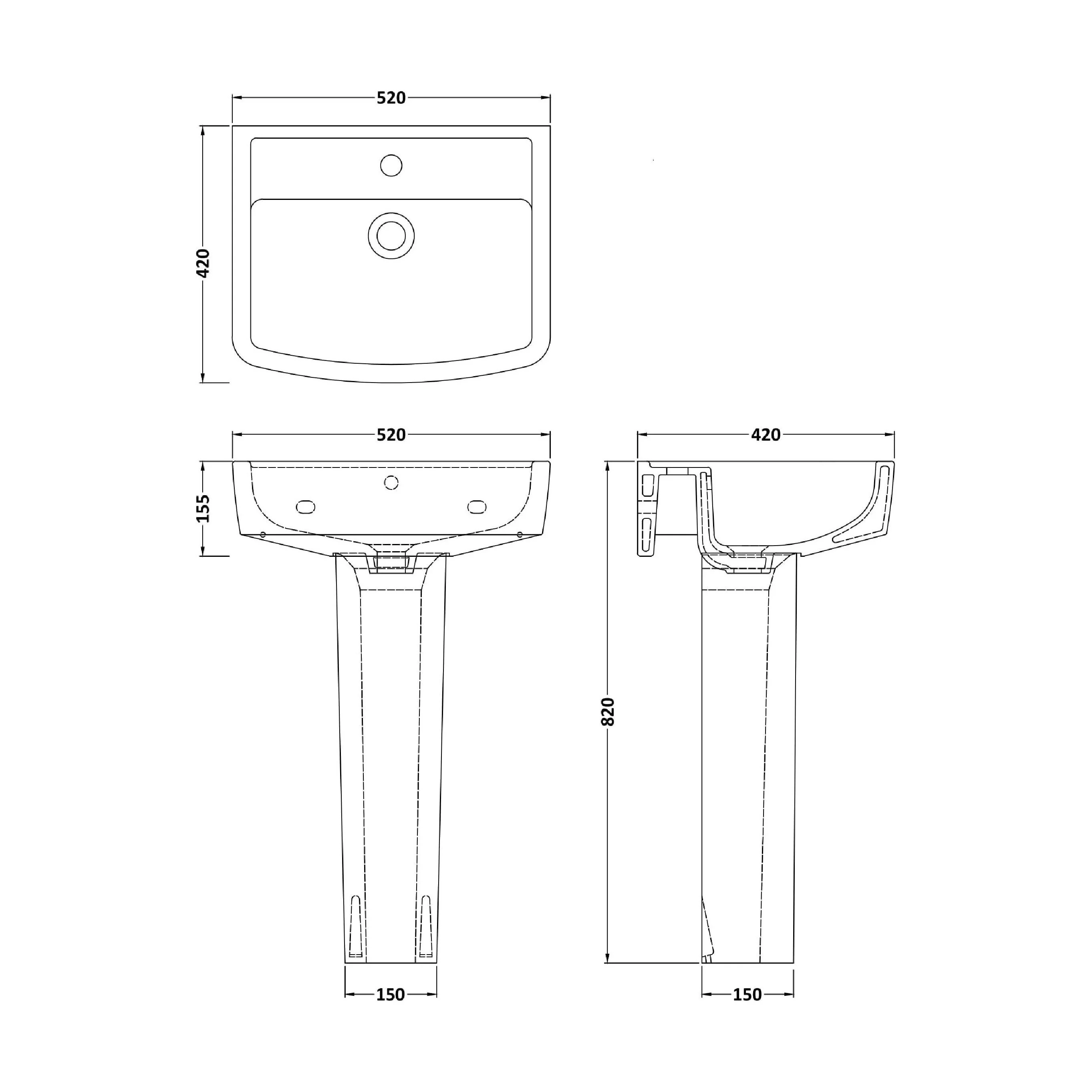 Forsbrook Modern White Square 1 Tap Hole Bathroom Basin & Full Pedestal - Choice of Size (520mm or 600mm) - Image 11