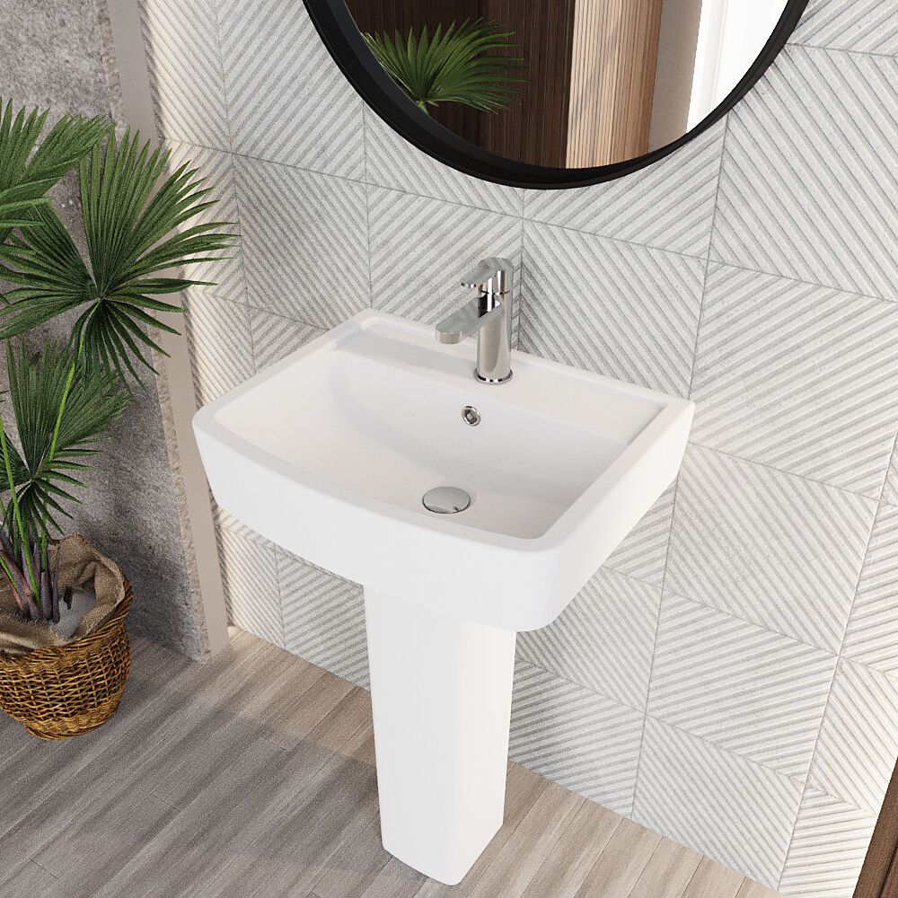 Forsbrook Modern White Square 1 Tap Hole Bathroom Basin & Full Pedestal - Choice of Size (520mm or 600mm) - Image 5