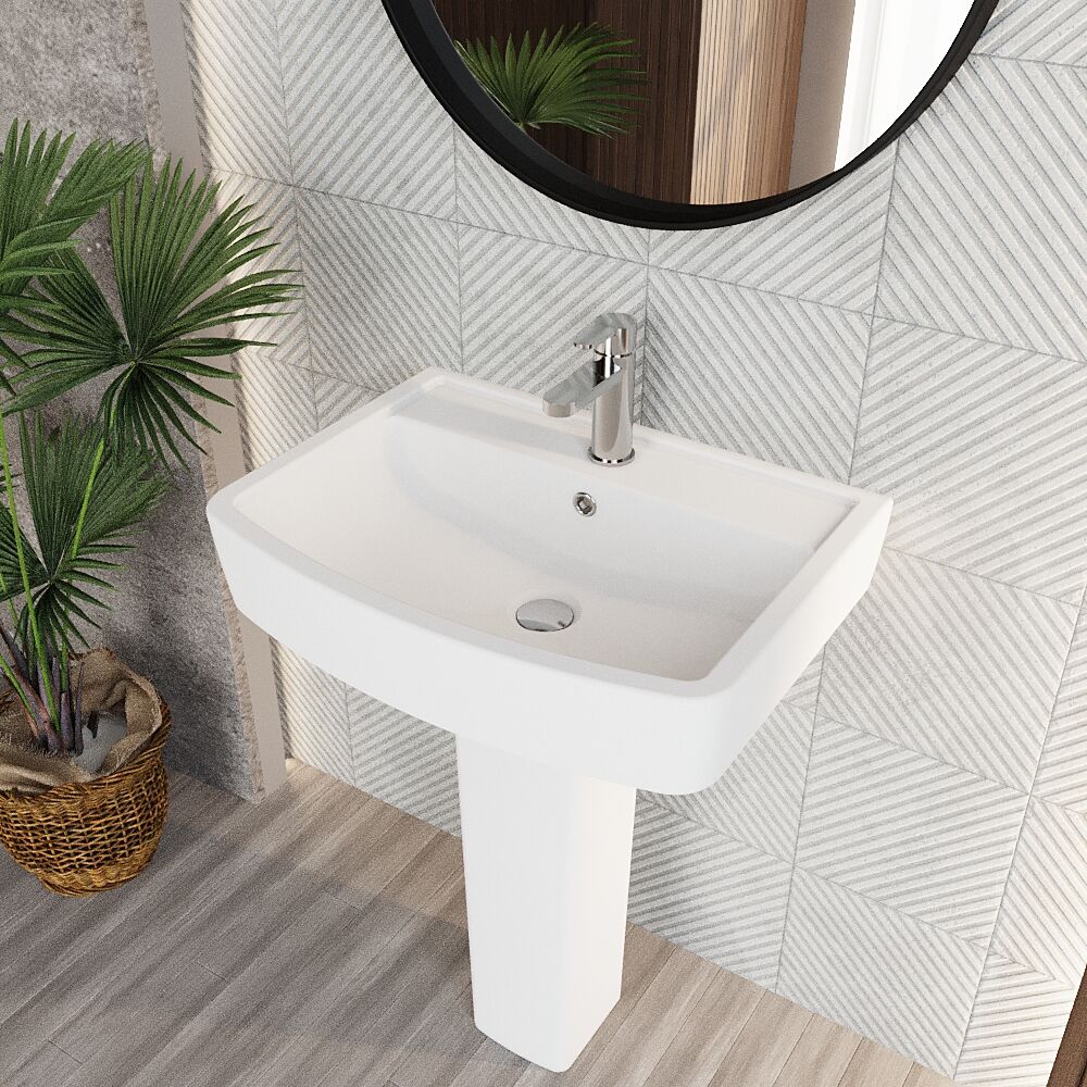 Forsbrook Modern White Square 1 Tap Hole Bathroom Basin & Full Pedestal - Choice of Size (520mm or 600mm) - Image 6