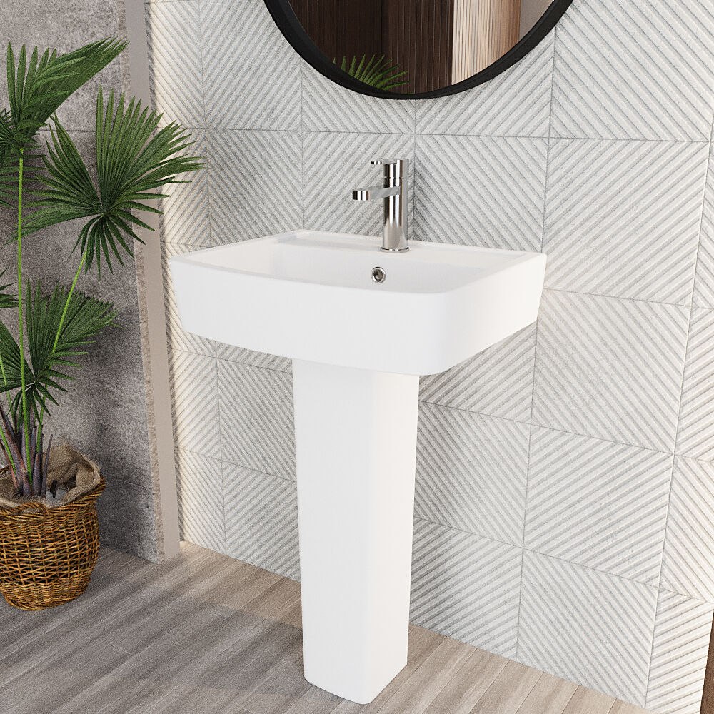 Forsbrook Modern White Square 1 Tap Hole Bathroom Basin & Full Pedestal - Choice of Size (520mm or 600mm) - Image 7