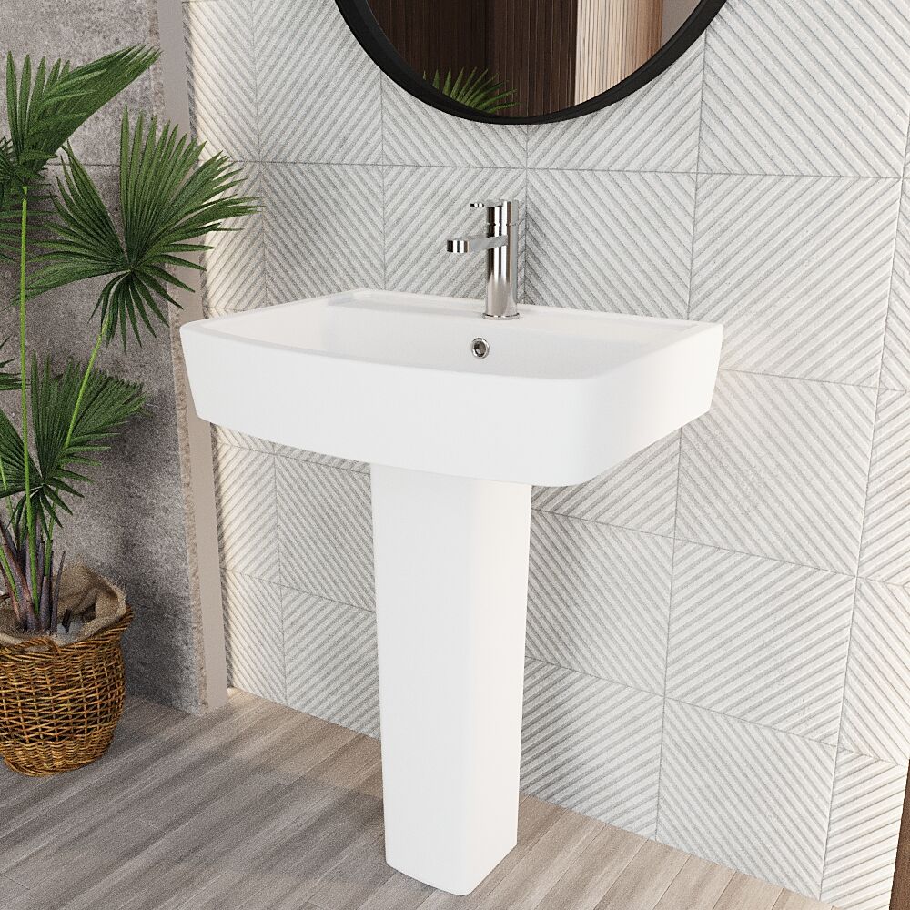 Forsbrook Modern White Square 1 Tap Hole Bathroom Basin & Full Pedestal - Choice of Size (520mm or 600mm) - Image 8